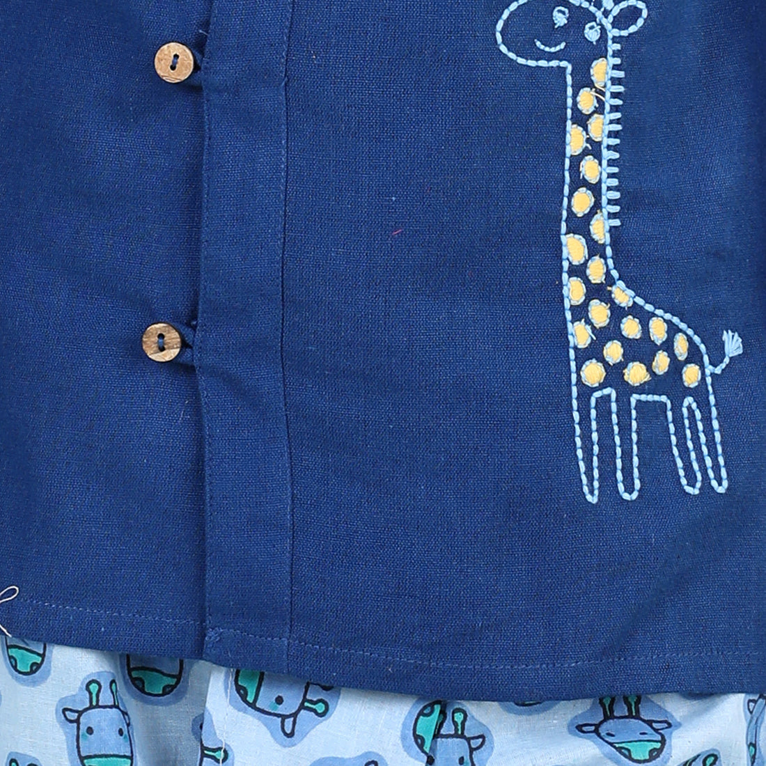 BownBee 100% Cotton Full Sleeves Giraffe Embroidery Kurta with Printed Kurta Dhoti Set