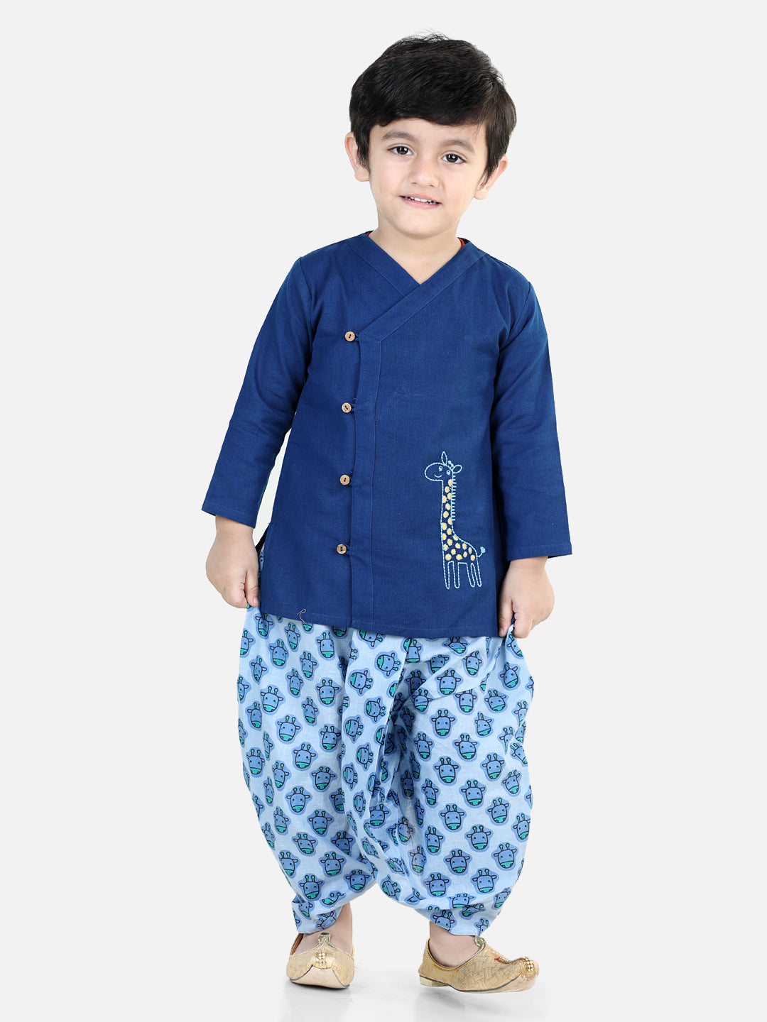 BownBee Sibling Cotton Embroidery Kurta with Printed Dhoti for Boys Printed Top with Dhoti Girls Blue