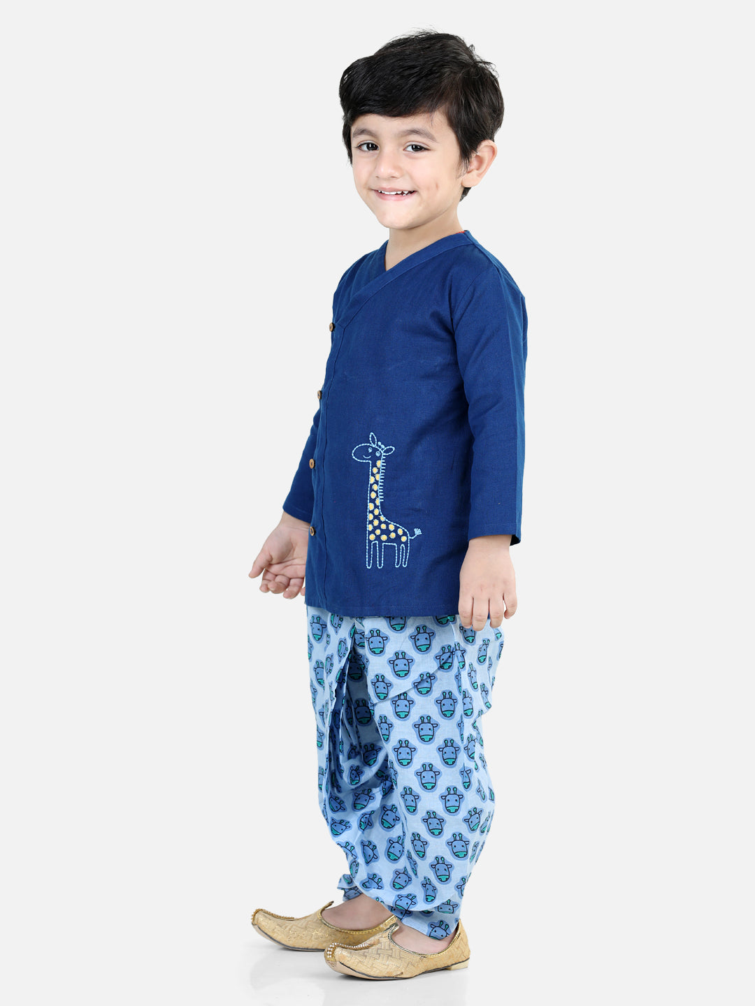 BownBee 100% Cotton Full Sleeves Giraffe Embroidery Kurta with Printed Kurta Dhoti Set