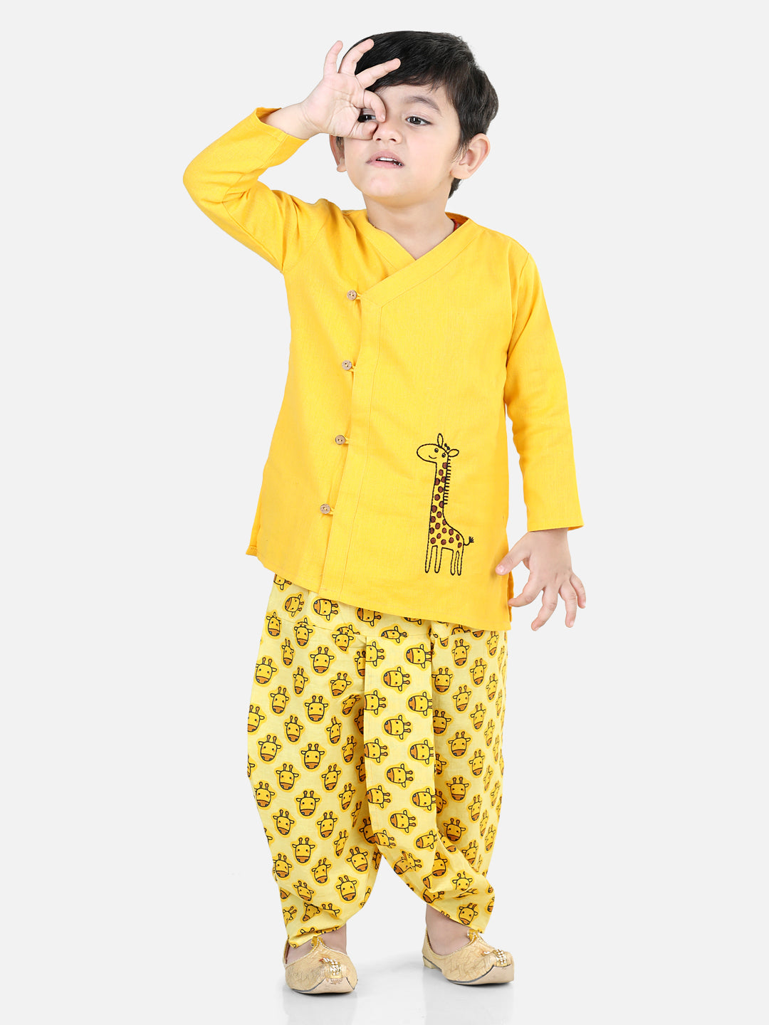 BownBee Sibling Cotton Embroidery Kurta with Printed Dhoti for Boys Printed Top with Dhoti Girls Yellow