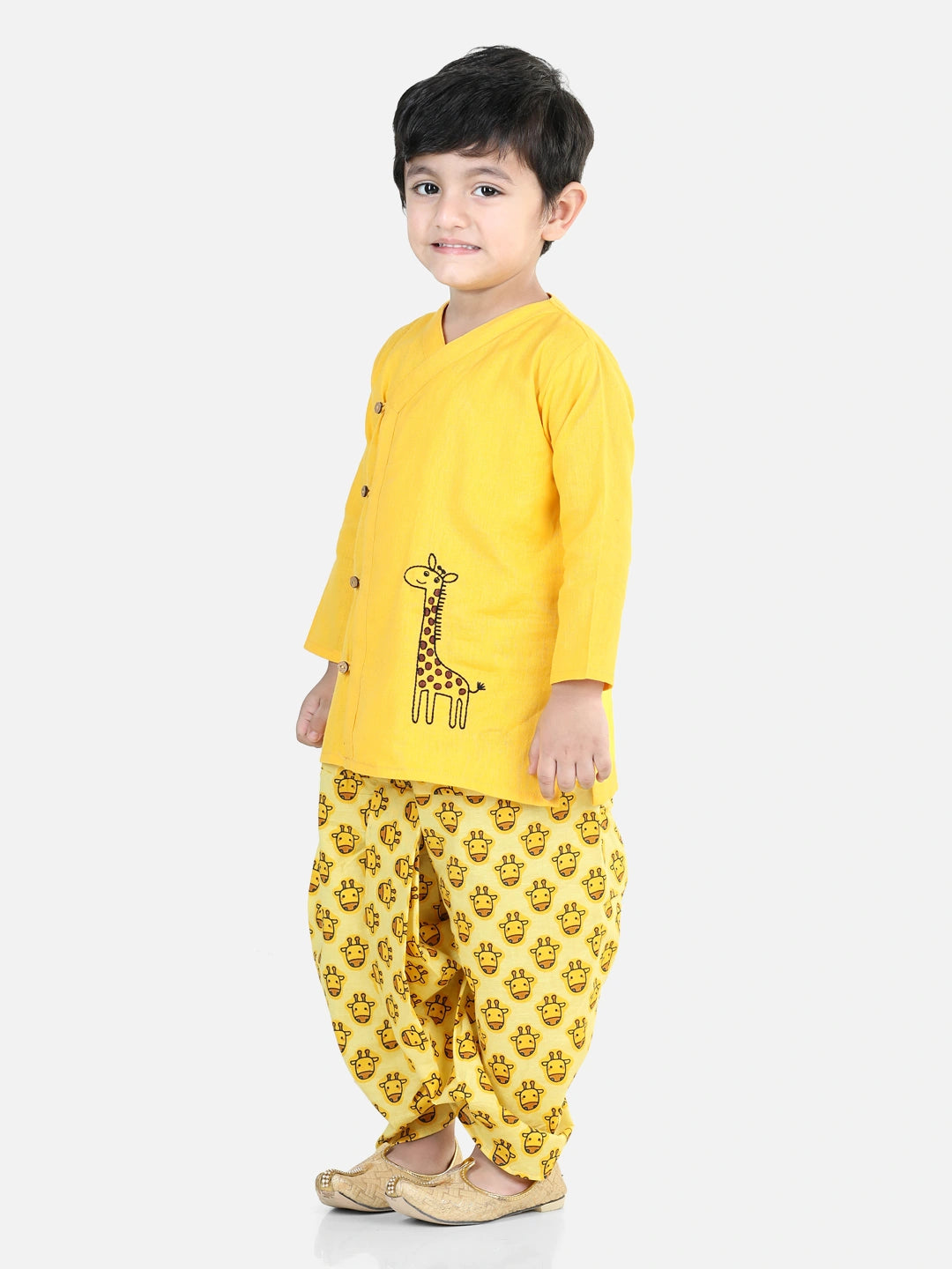 BownBee 100% Cotton Full Sleeves Giraffe Embroidery Kurta with Printed Kurta Dhoti Set