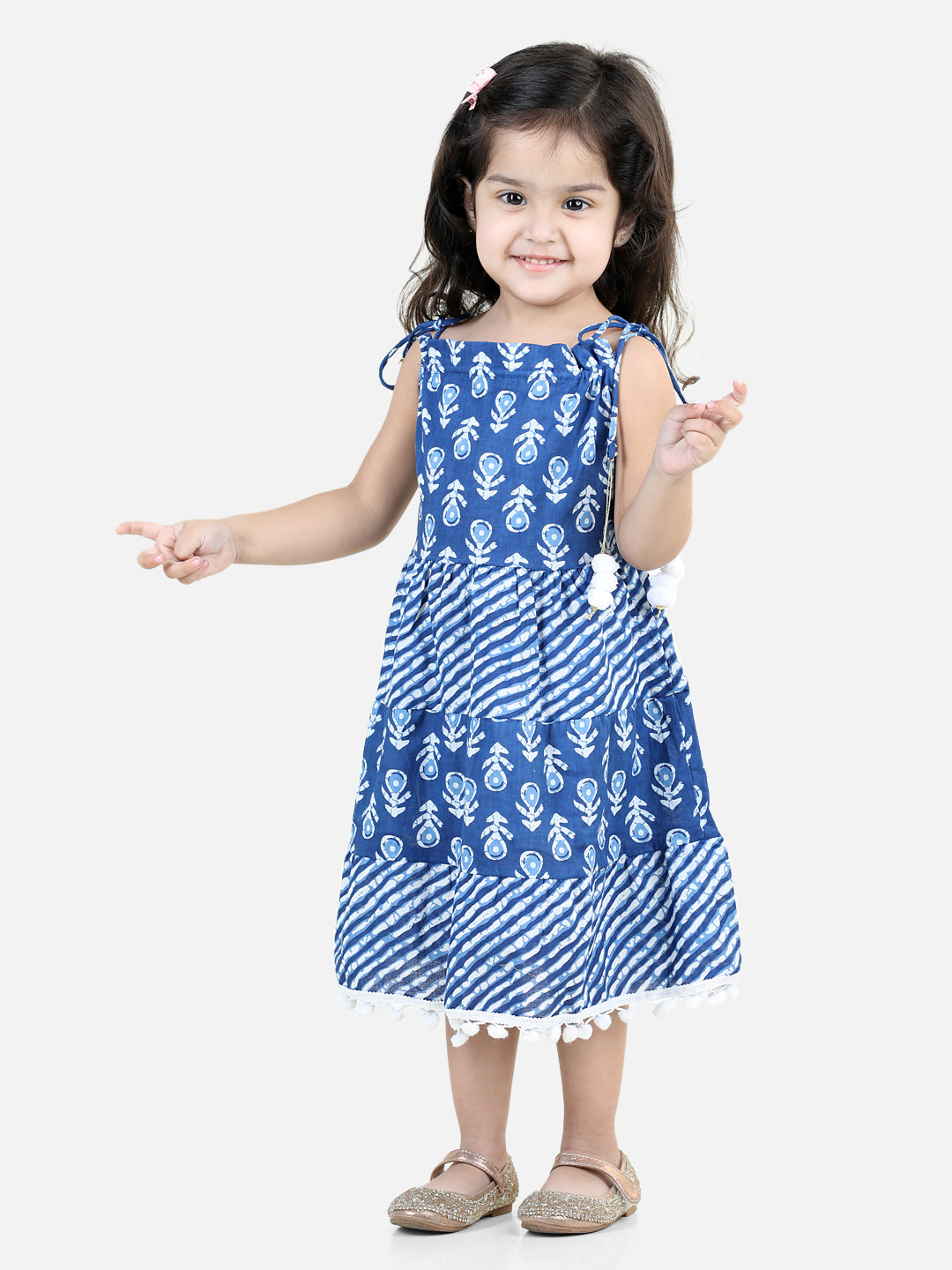 BownBee 100% Cotton Printed Tier Frock  and Dresses for Girls- Blue