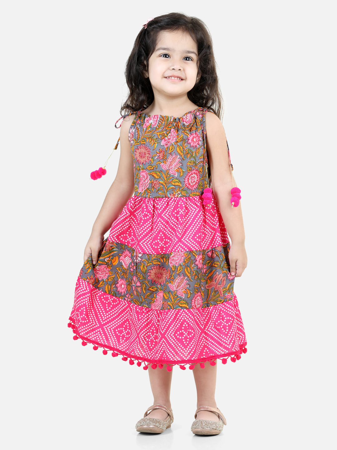 BownBee 100% Cotton Printed Tier Frock for Baby Girls- Pink
