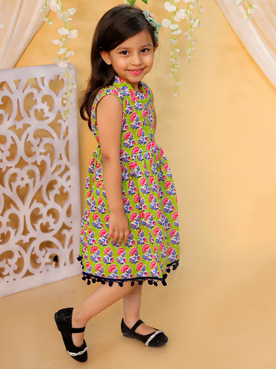 BownBee Summer Pure Cotton Printed Frock for Girls- Green