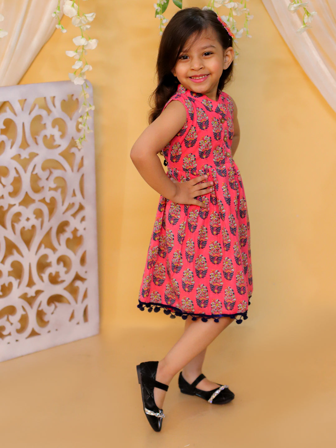 BownBee Summer Pure Cotton Printed Frock for Girls- Pink