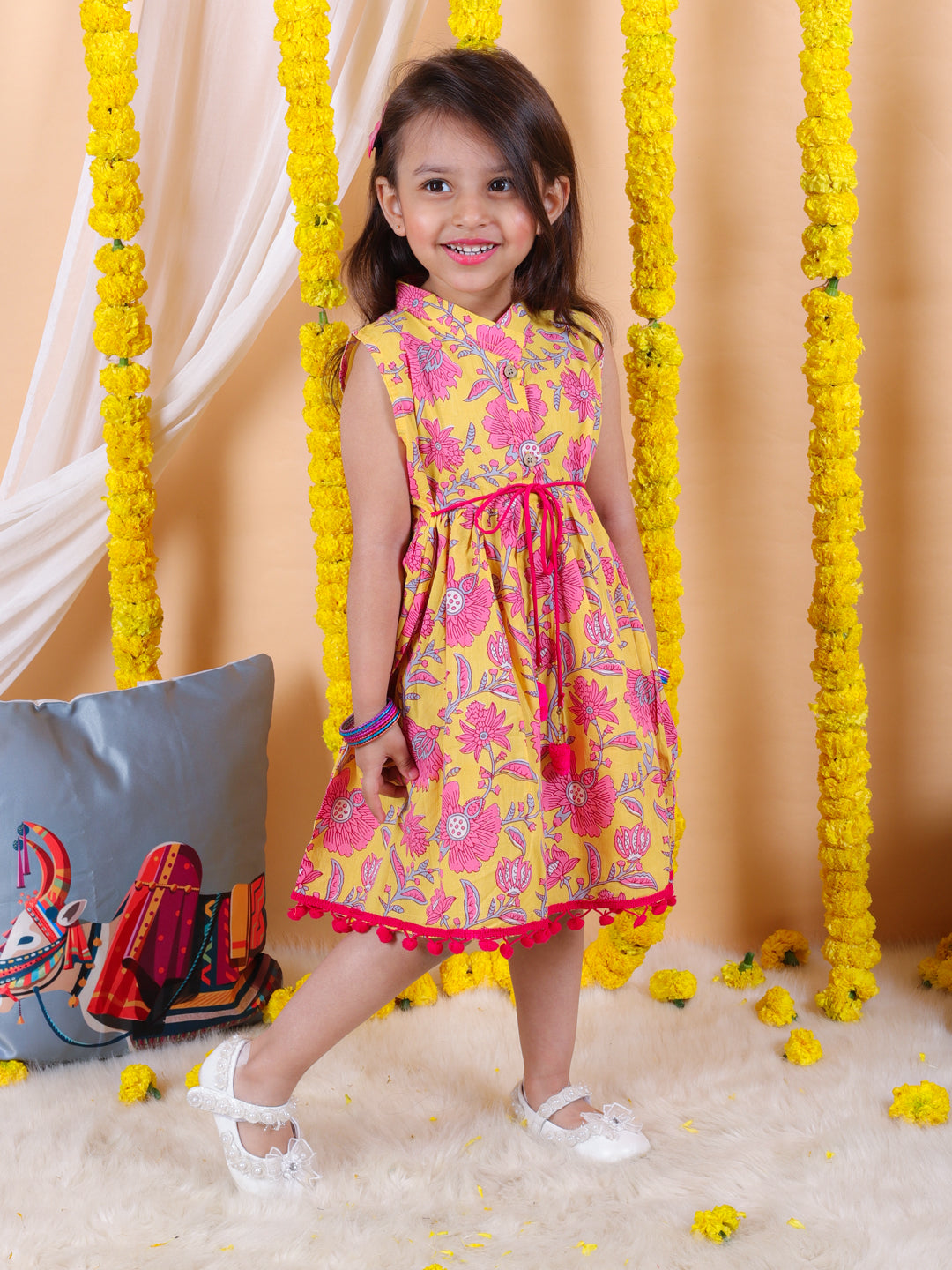 BownBee Summer Pure Cotton Printed Frock for Girls- Yellow