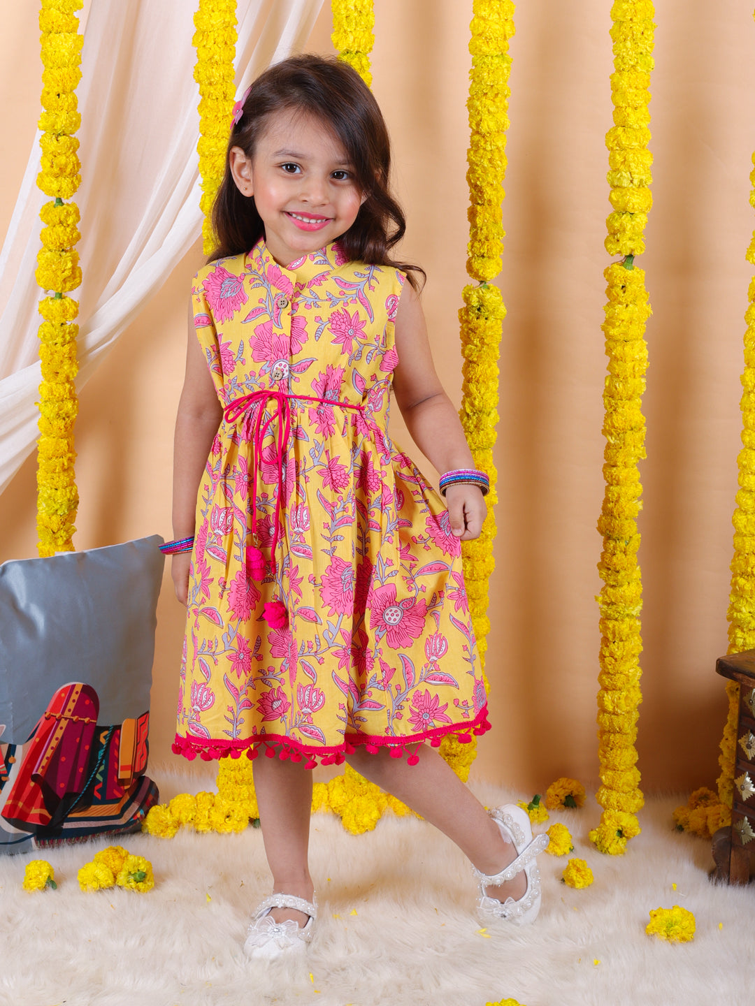 BownBee Summer Pure Cotton Printed Frock for Girls- Yellow