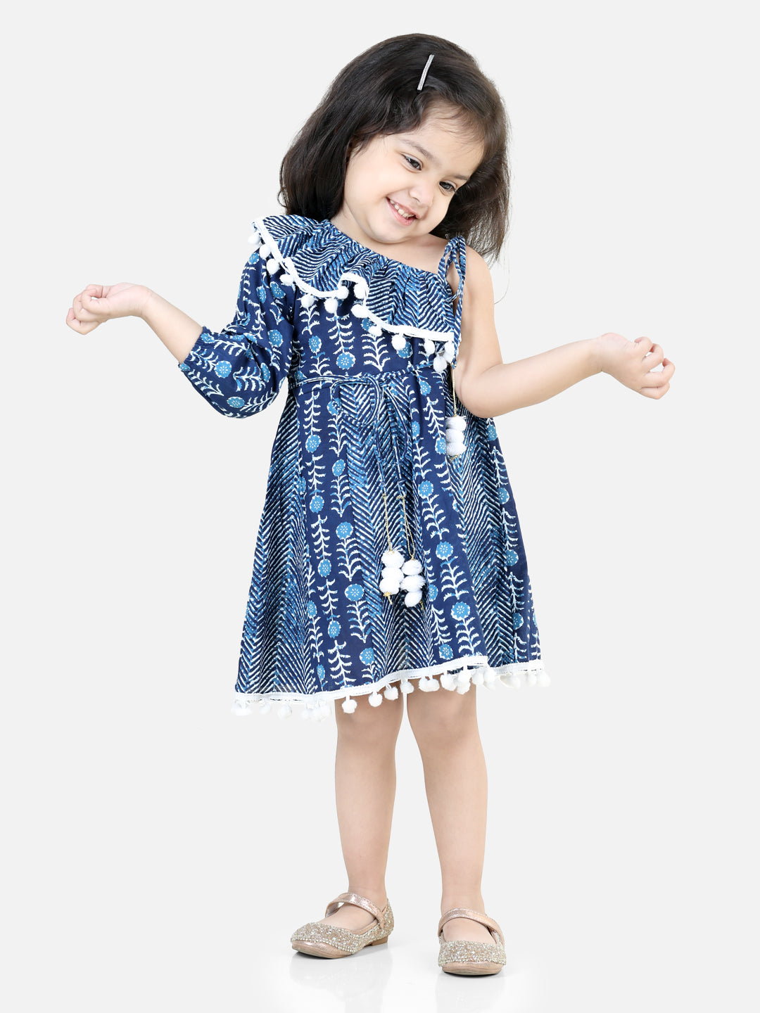 BownBee Pure Cotton Printed One Sleeve Ruffle Frock  and Dresses for Girls- Blue