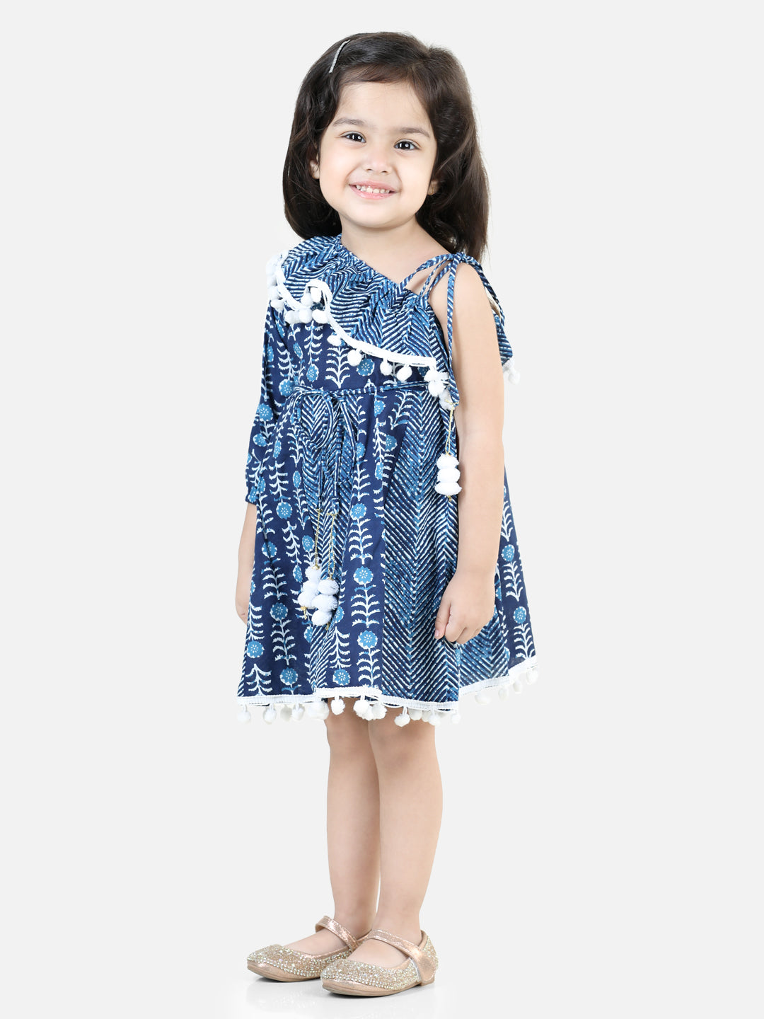 BownBee Pure Cotton Printed One Sleeve Ruffle Frock  and Dresses for Girls- Blue