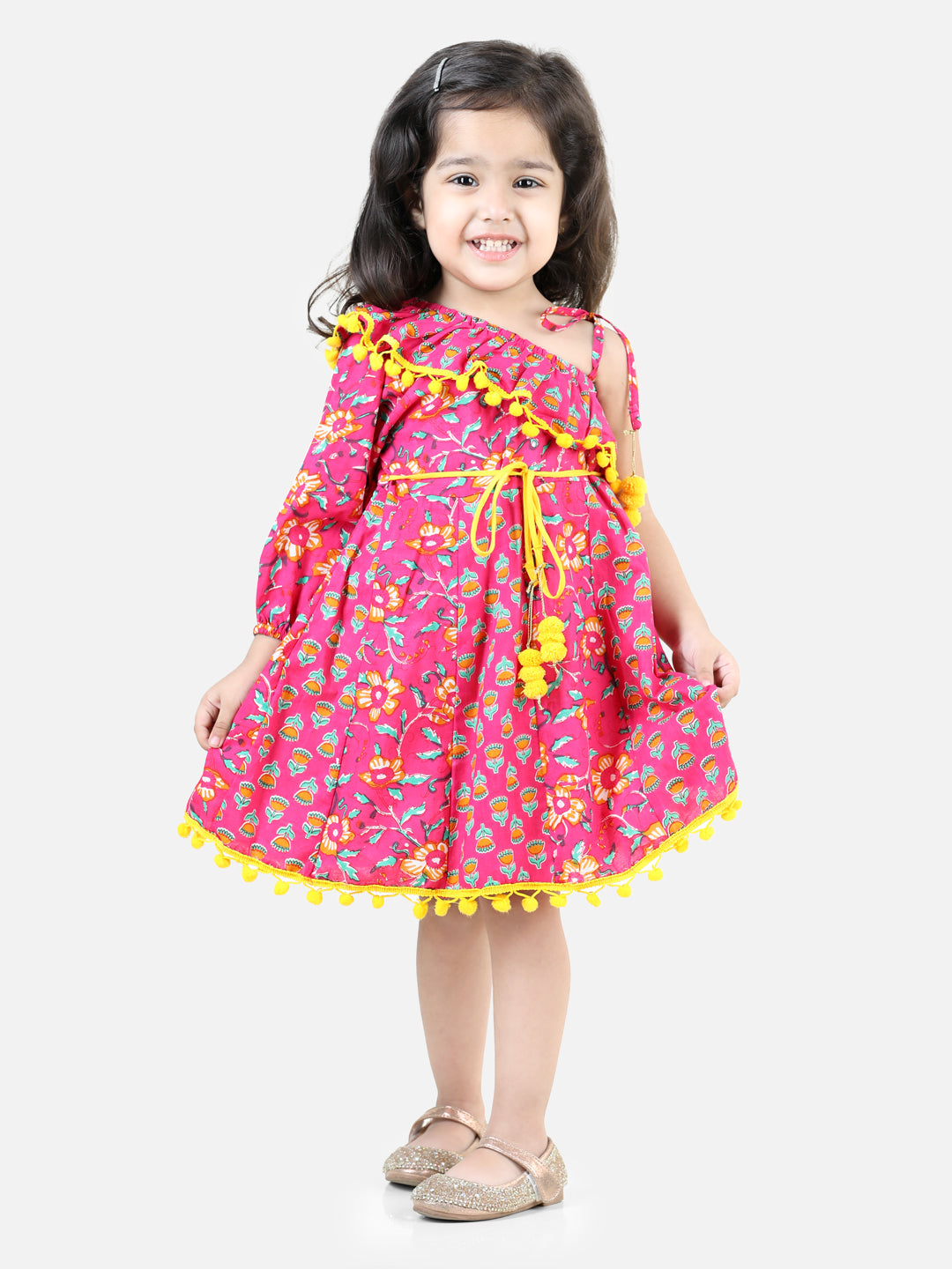 BownBee Pure Cotton Printed One Sleeve Ruffle Frock  and Dresses for Girls- Pink