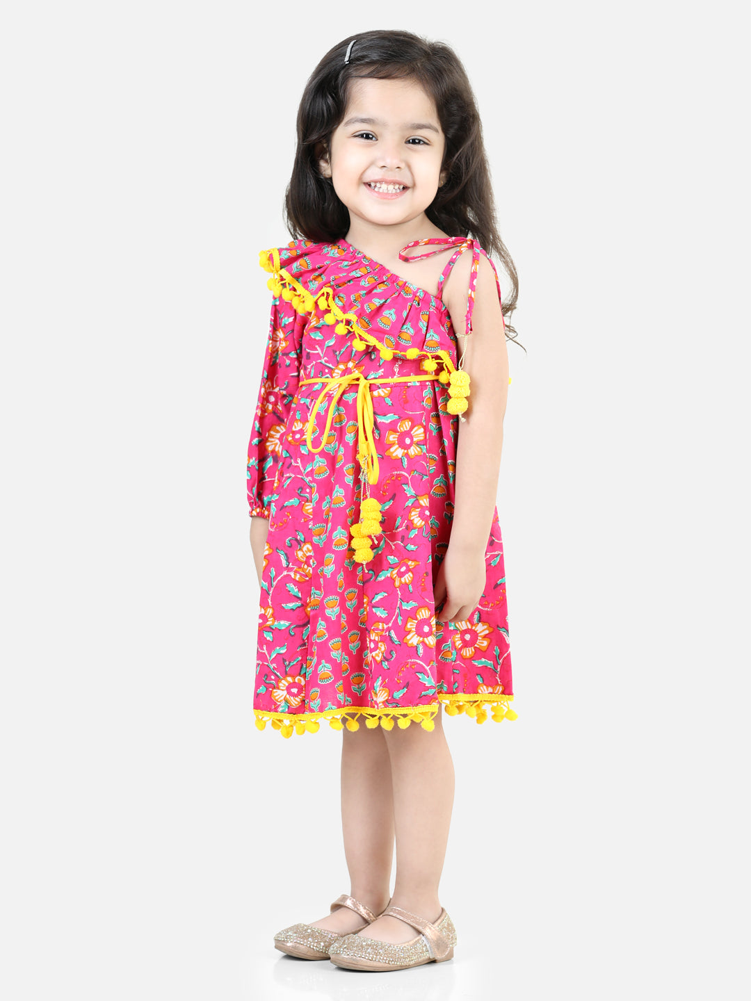 BownBee Pure Cotton Printed One Sleeve Ruffle Frock  and Dresses for Girls- Pink