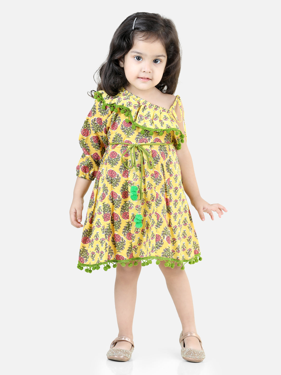 BownBee Pure Cotton Printed One Sleeve Ruffle Frock  and Dresses for Girls- Yellow