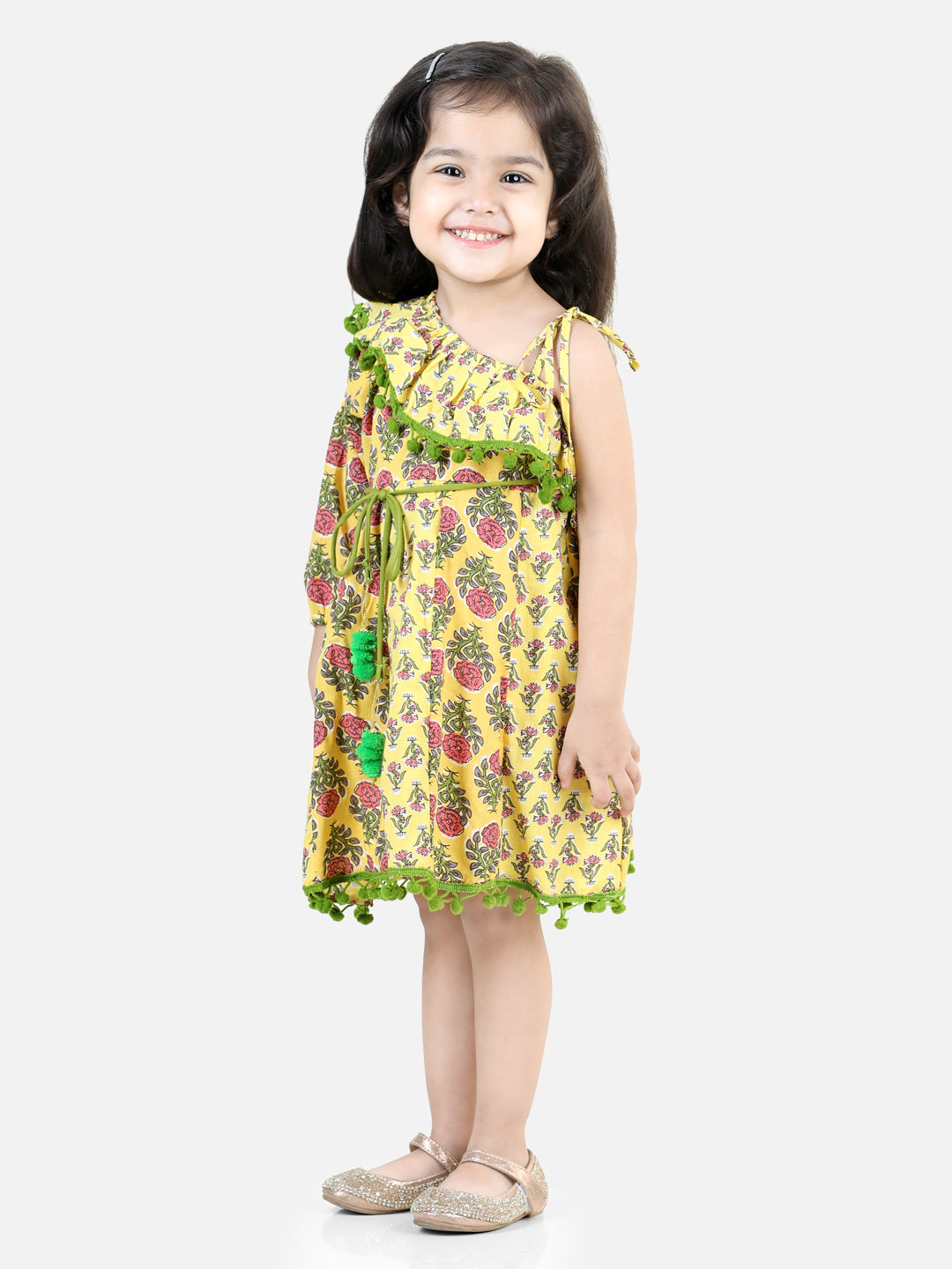 BownBee Pure Cotton Printed One Sleeve Ruffle Frock  and Dresses for Girls- Yellow