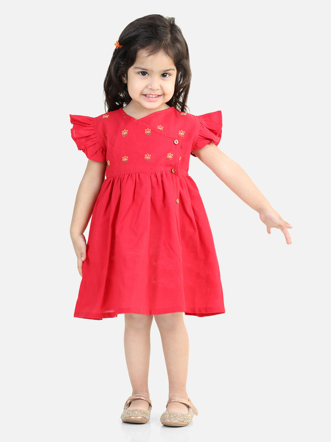 BownBee 100% Cotton Lotus Embroidery Frock and Dresses for Girls-Red