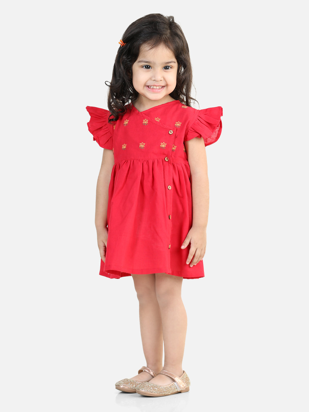 BownBee 100% Cotton Lotus Embroidery Frock and Dresses for Girls-Red