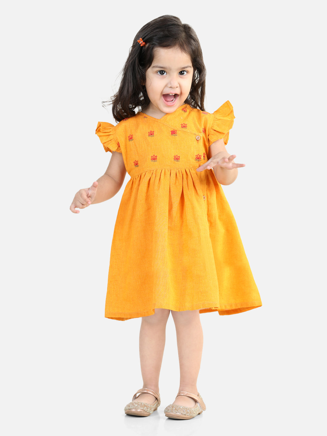 BownBee 100% Cotton   Lotus Embroidery Frock and Dresses for Girls-Yellow