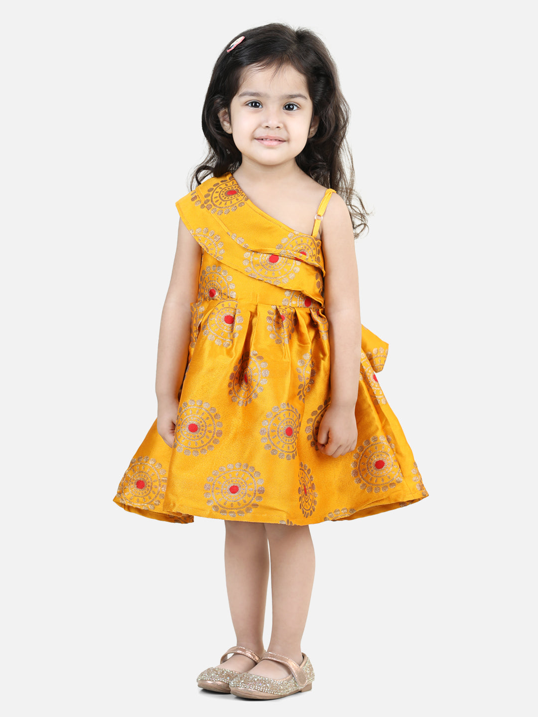BownBee One Shoulder Frill Jacquard Frock Party Dress For Girls- Yellow