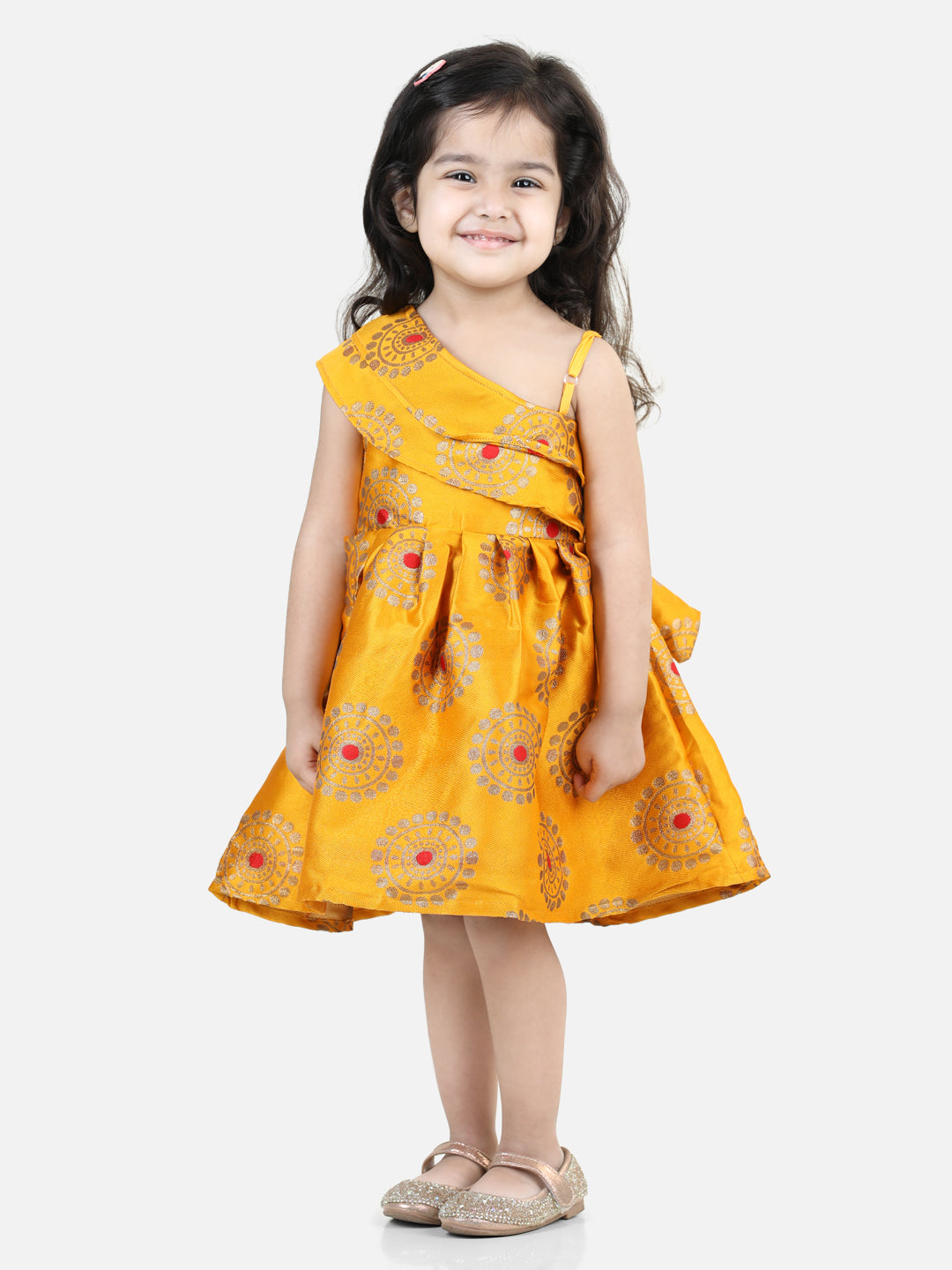 BownBee One Shoulder Frill Jacquard Frock Party Dress For Girls- Yellow