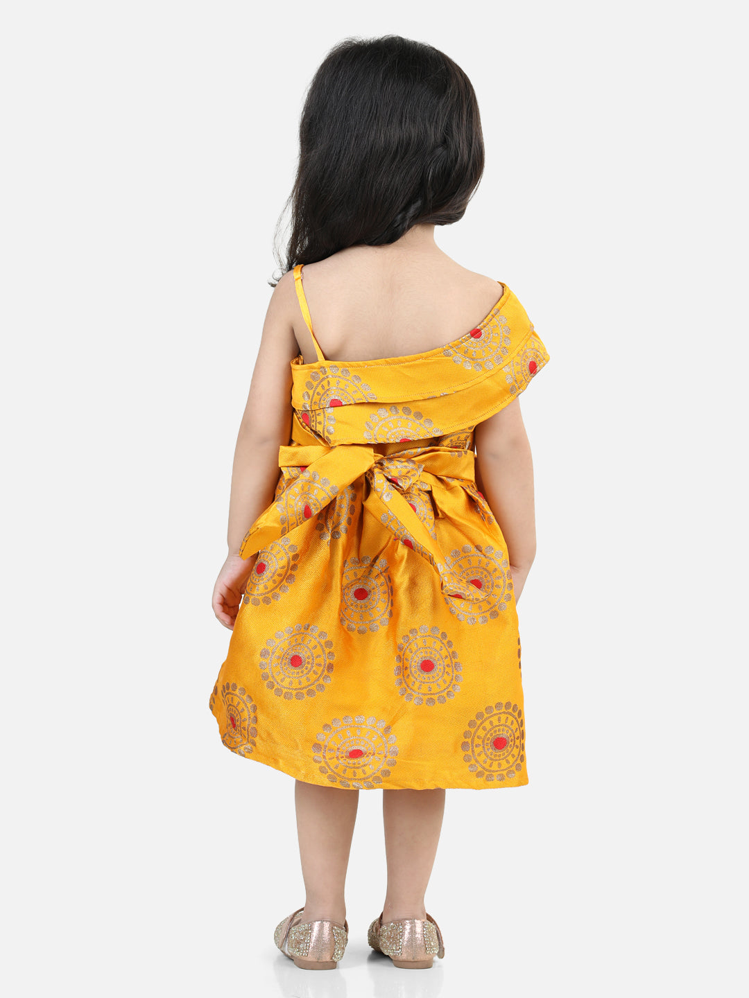 BownBee One Shoulder Frill Jacquard Frock Party Dress For Girls- Yellow