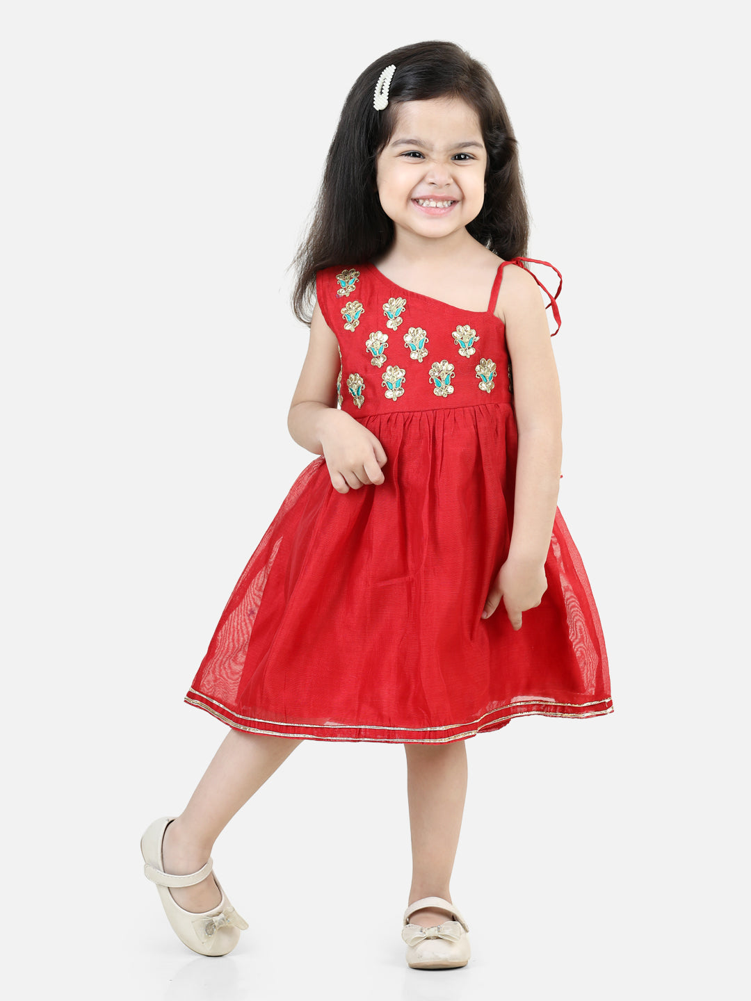 BownBee Girls Gota Patti Embroidery Chanderi Frock Party Dress - Red