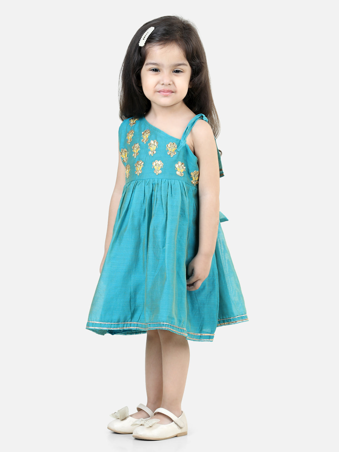 BownBee Gota Patti Embroidery Chanderi Frock Party Dress for Girls- Teal