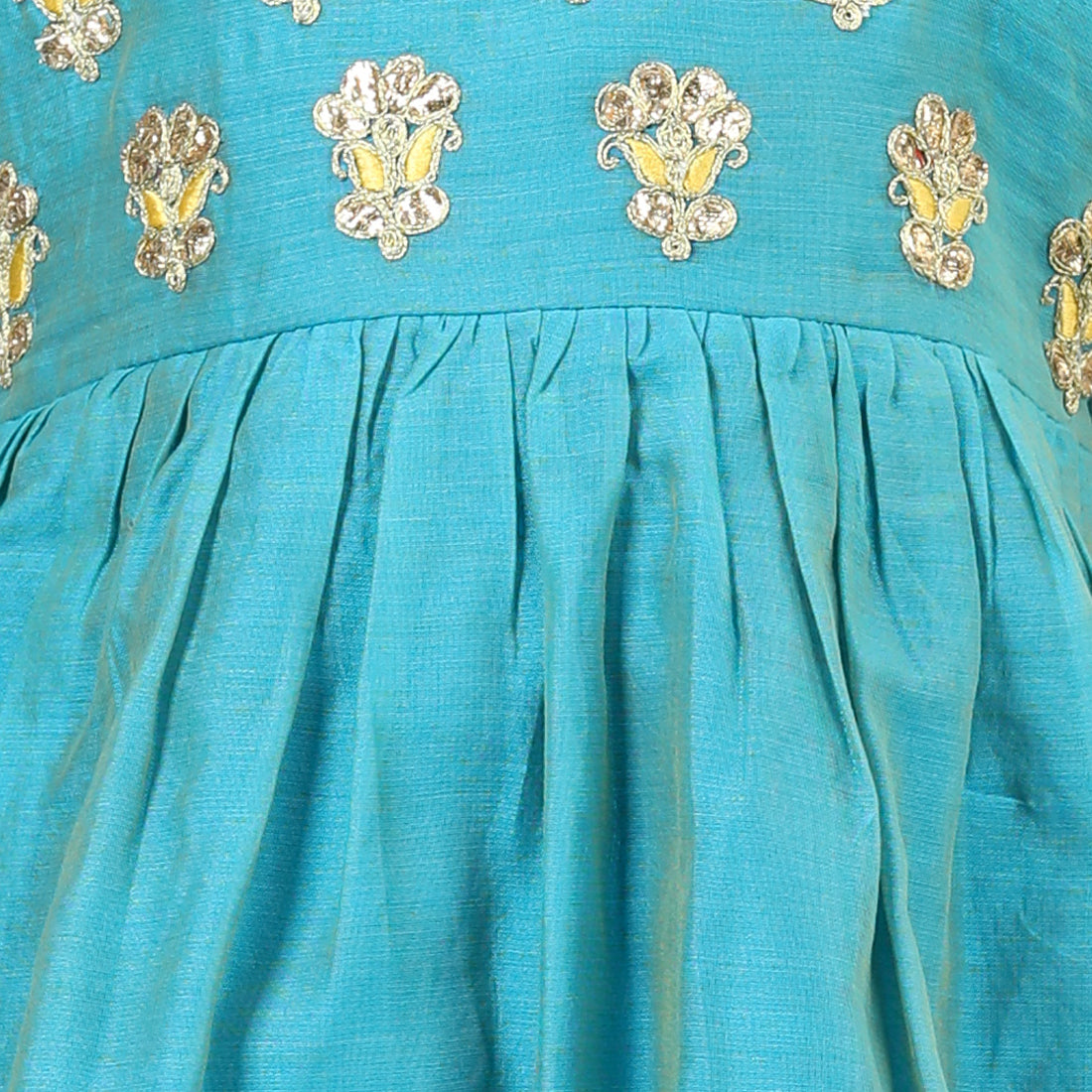 BownBee Gota Patti Embroidery Chanderi Frock Party Dress for Girls- Teal