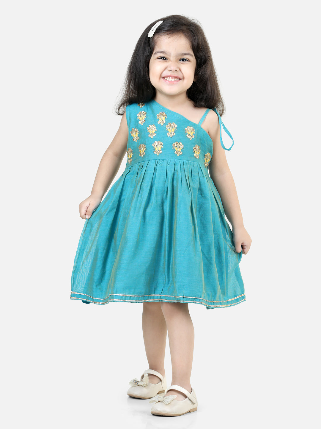 BownBee Gota Patti Embroidery Chanderi Frock Party Dress for Girls- Teal