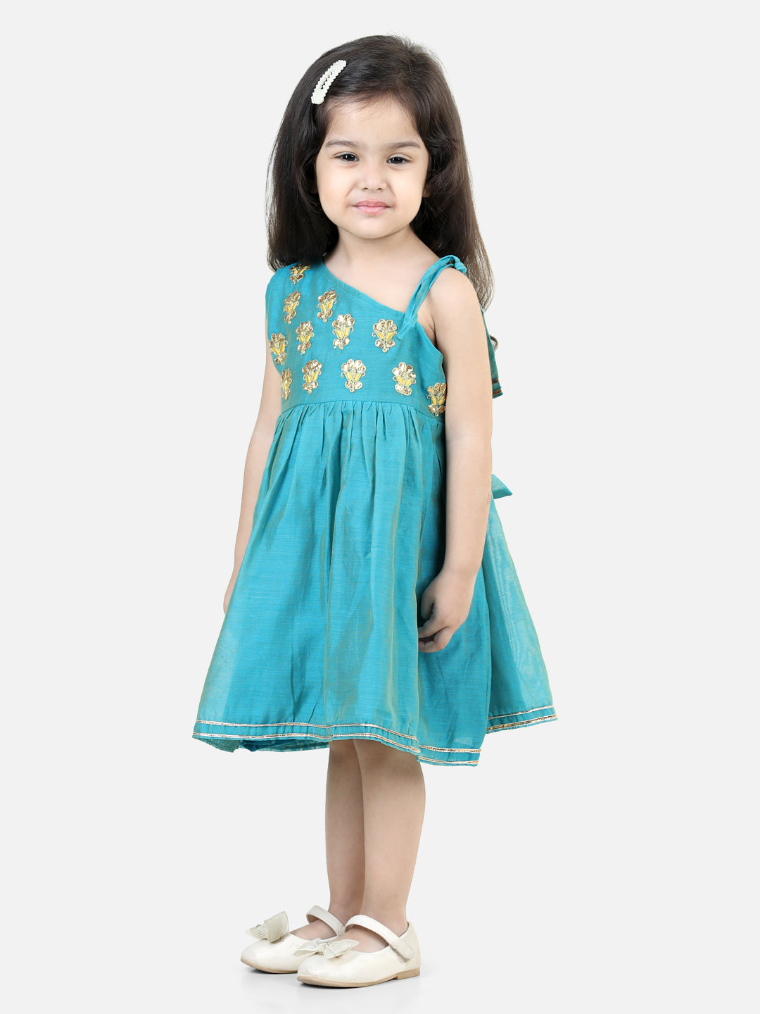 BownBee Girls Gota Patti Embroidery Chanderi Frock Party Dress - Teal