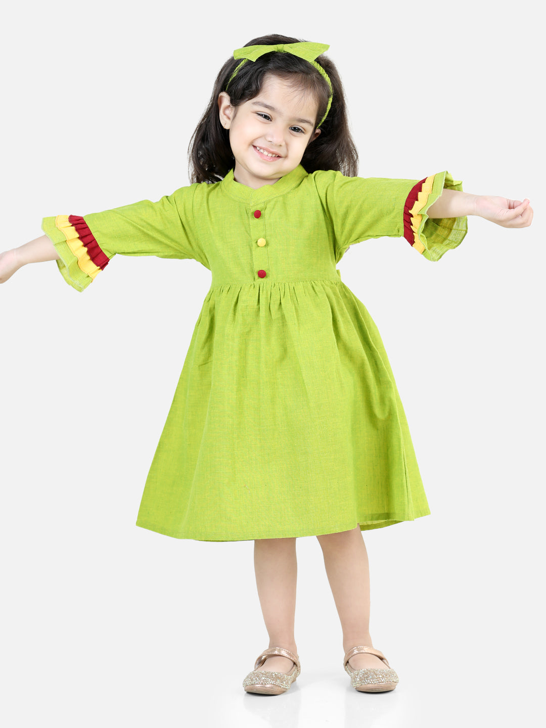 BownBee Multi Frill Cotton Frock with Headband for Girls- Green