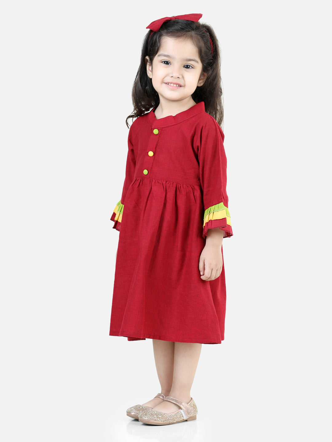 BownBee Multi Frill Cotton Frock with Headband for Girls- Maroon