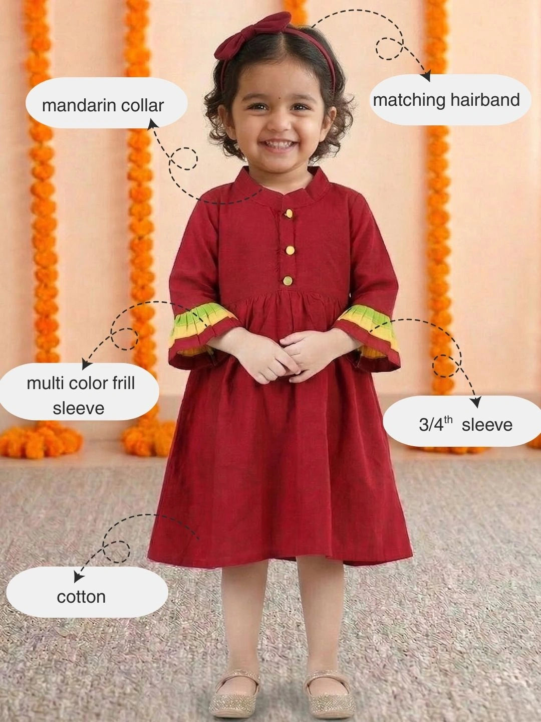BownBee Multi Frill Cotton Frock with Headband for Girls
