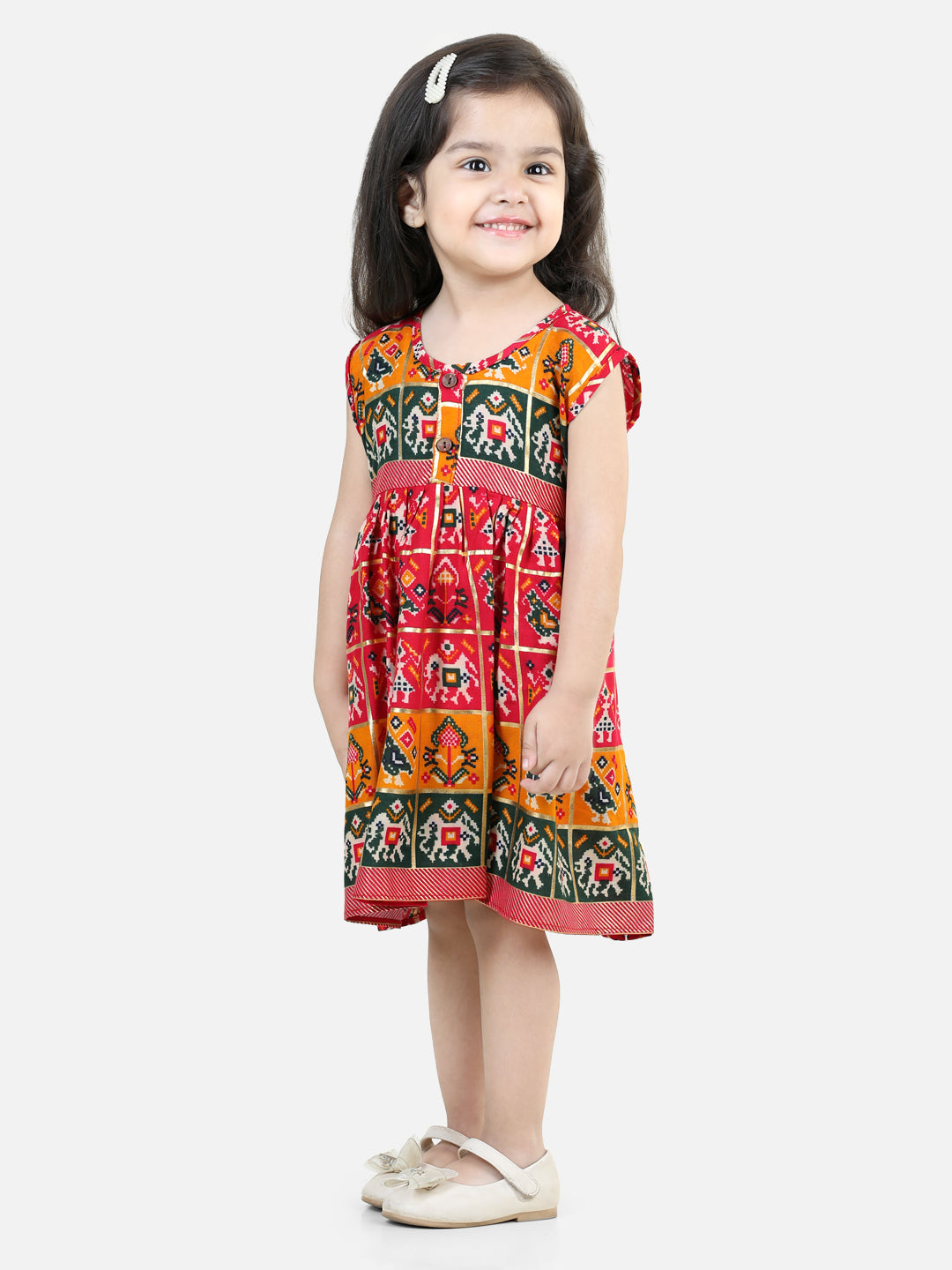 BownBee Patan Patola Printed Sleeveless Rayon Frock- Pink