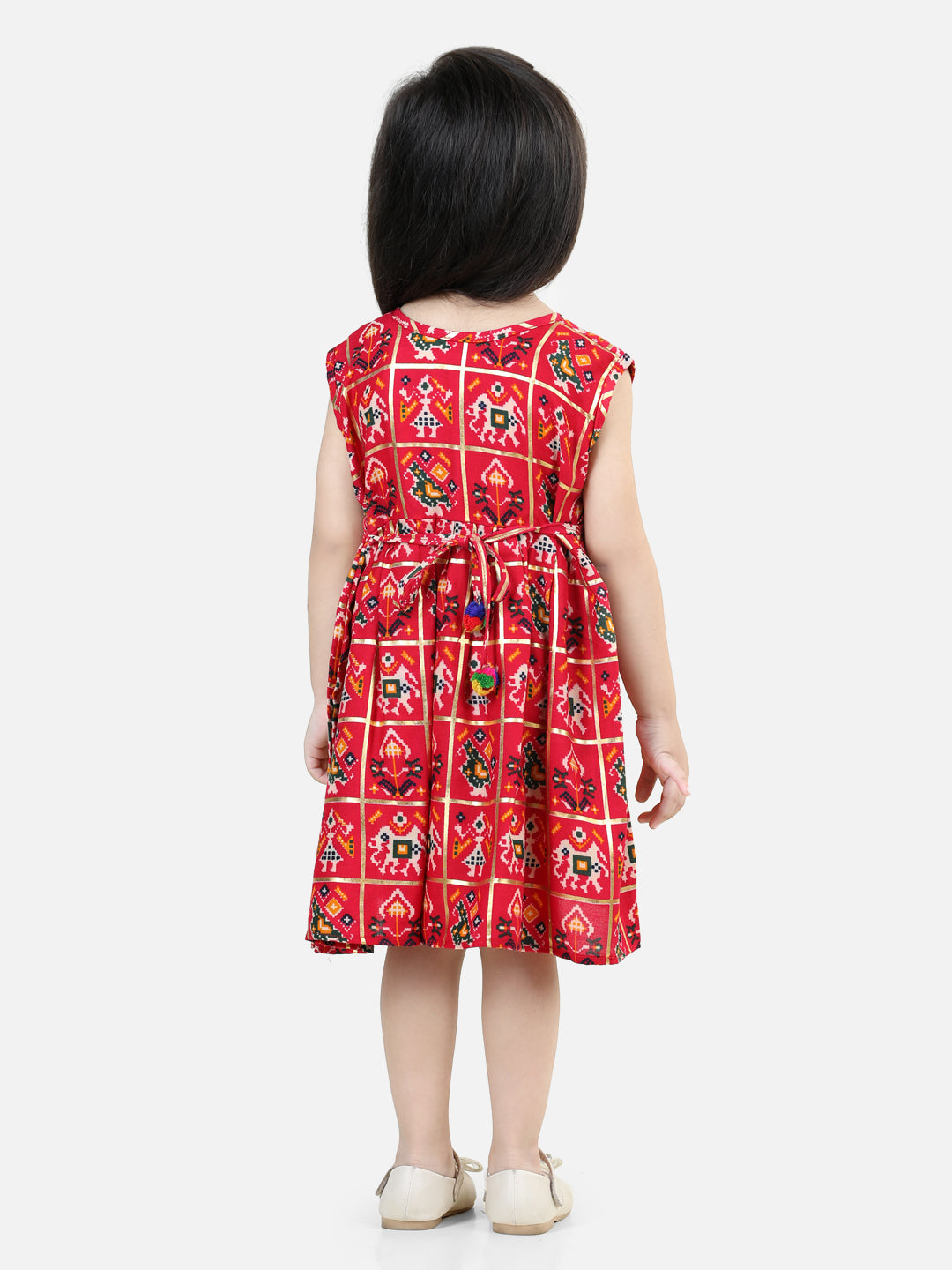 BownBee Patan Patola Printed Sleeveless Rayon Frock- Pink
