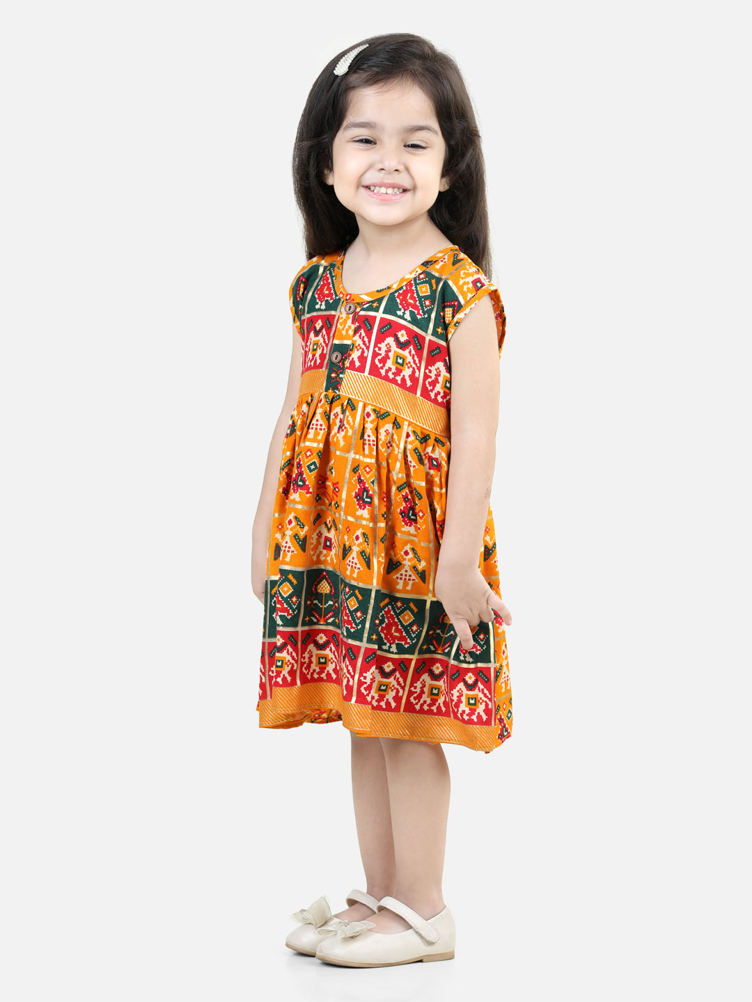 BownBee Patan Patola Printed Sleeveless Rayon Frock- Yellow