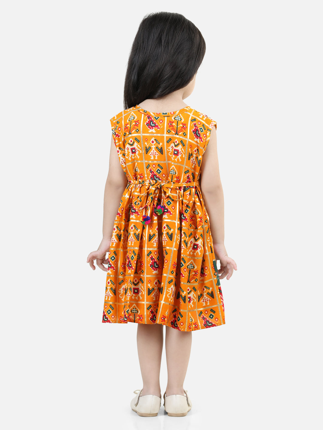 BownBee Patan Patola Printed Sleeveless Rayon Frock- Yellow