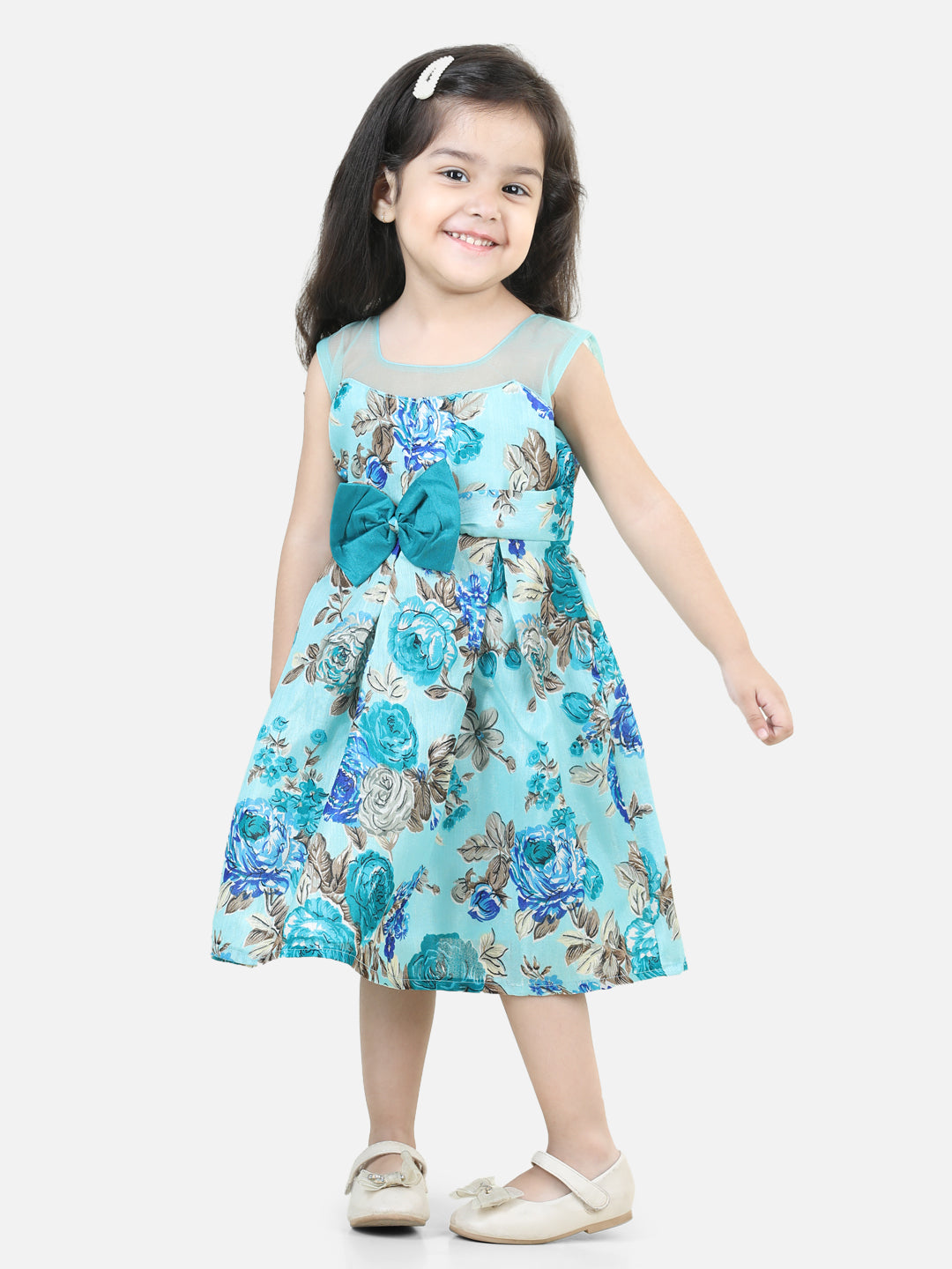 BownBee Illusion Neck Floral Print Party Frock Dress for Girls- Blue