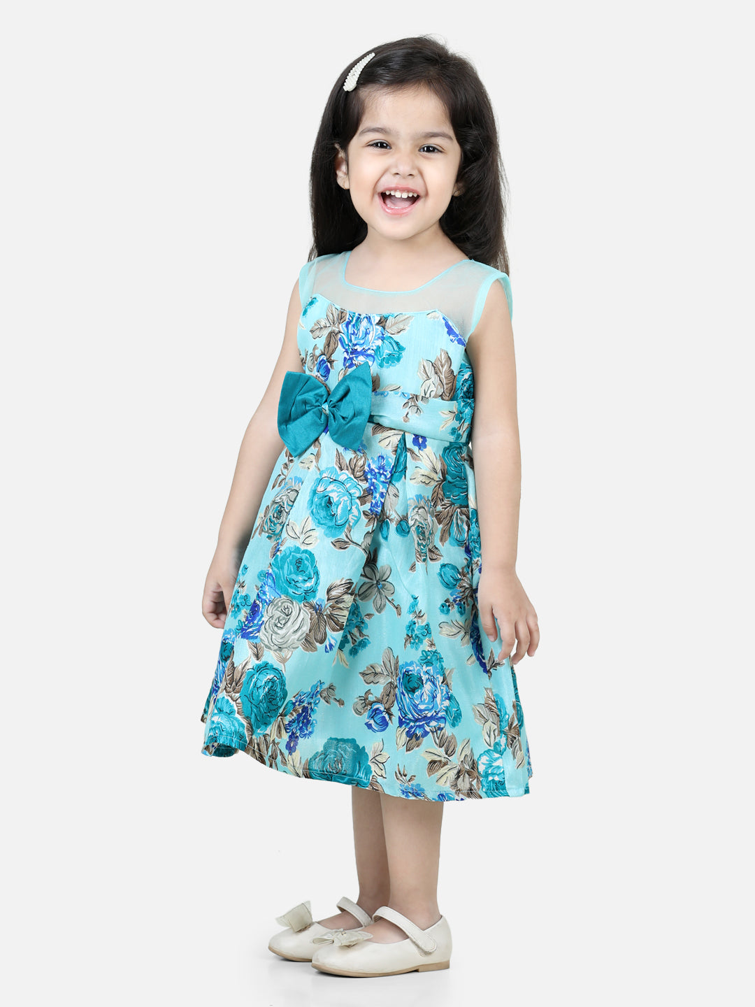 BownBee Illusion Neck Floral Print Party Frock Dress for Girls- Blue