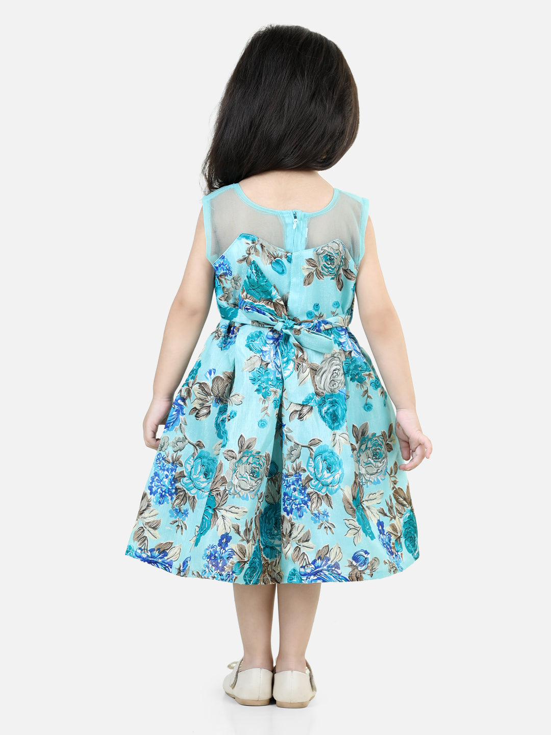 BownBee Illusion Neck Floral Print Party Frock Dress for Girls- Blue