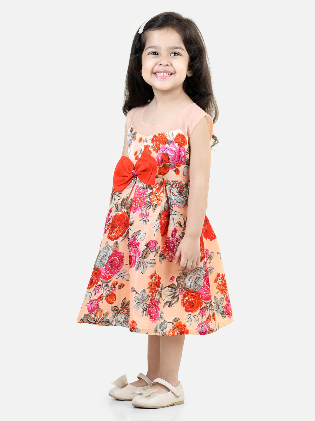 BownBee Illusion Neck Floral Print Party Frock Dress for Girls- Orange