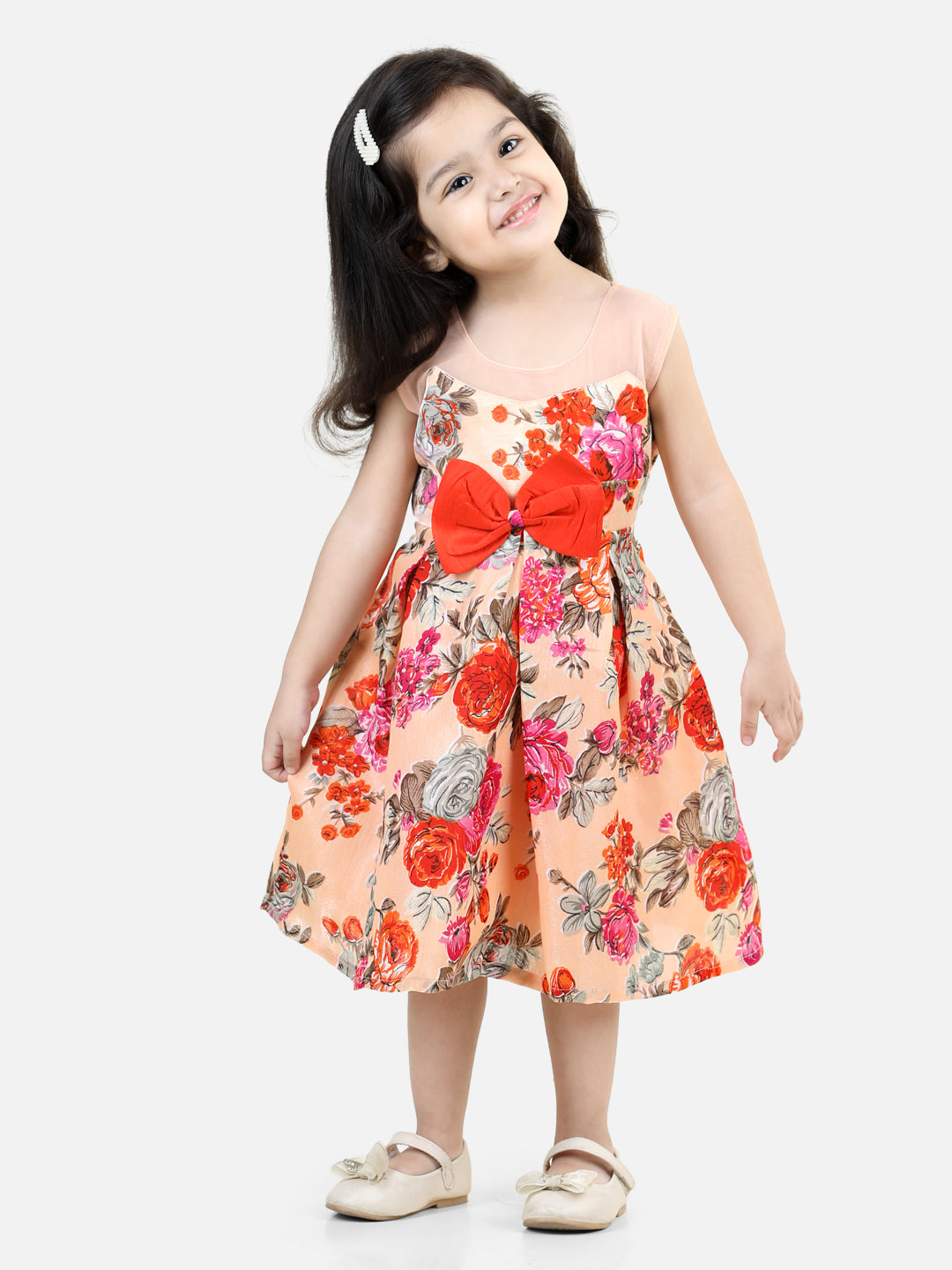 BownBee Illusion Neck Floral Print Party Frock Dress for Girls- Orange