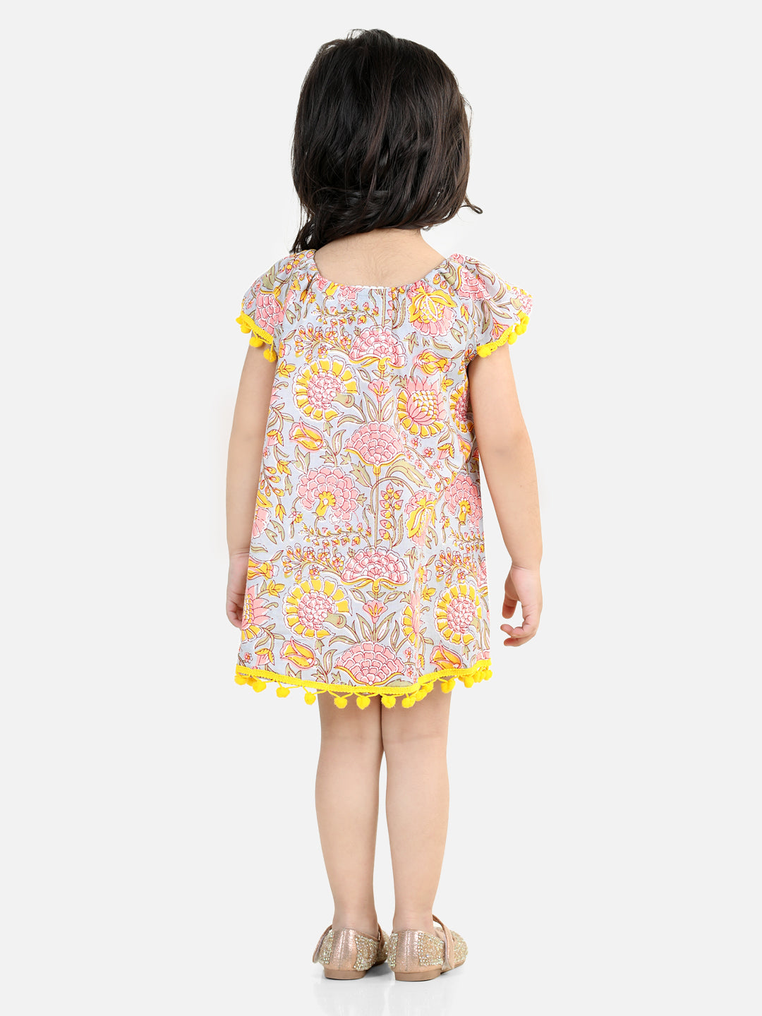 BownBee 100% Cotton Printed with Pompom Jhabla Frock for Girls - Off White