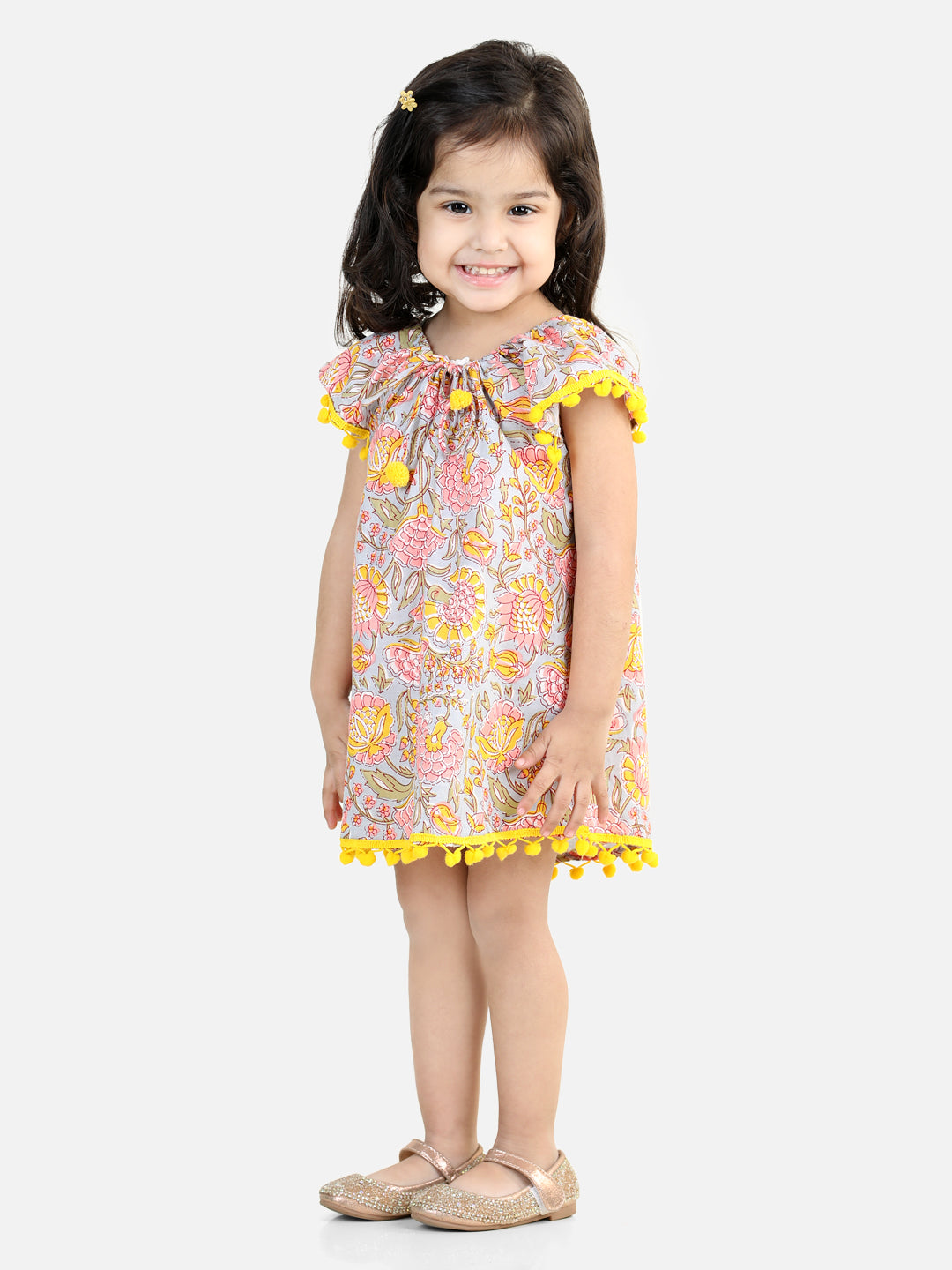 BownBee 100% Cotton Printed with Pompom Jhabla Frock for Girls - Off White