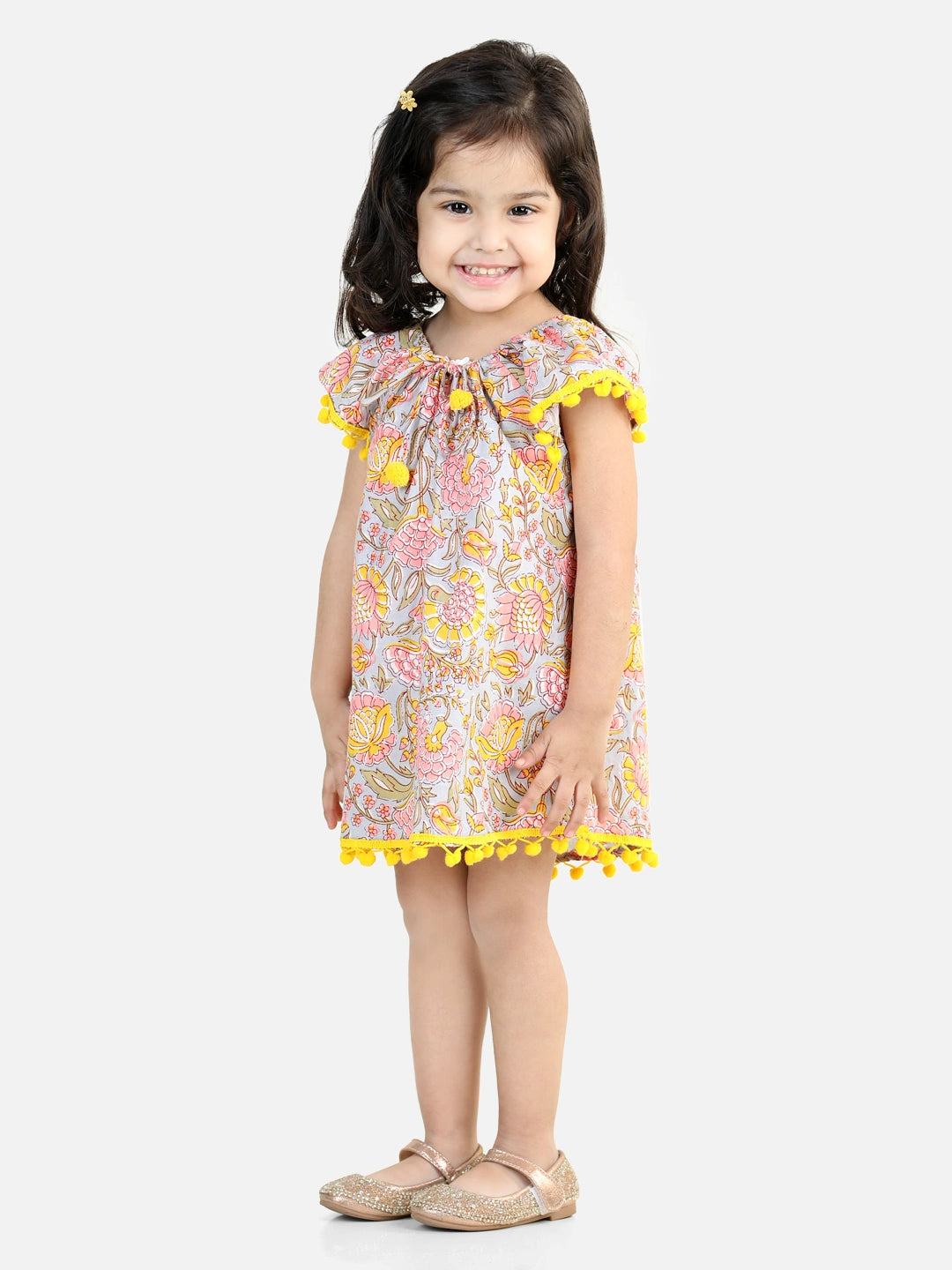 BownBee 100% Cotton Printed with Pompom Jhabla Frock for Girls