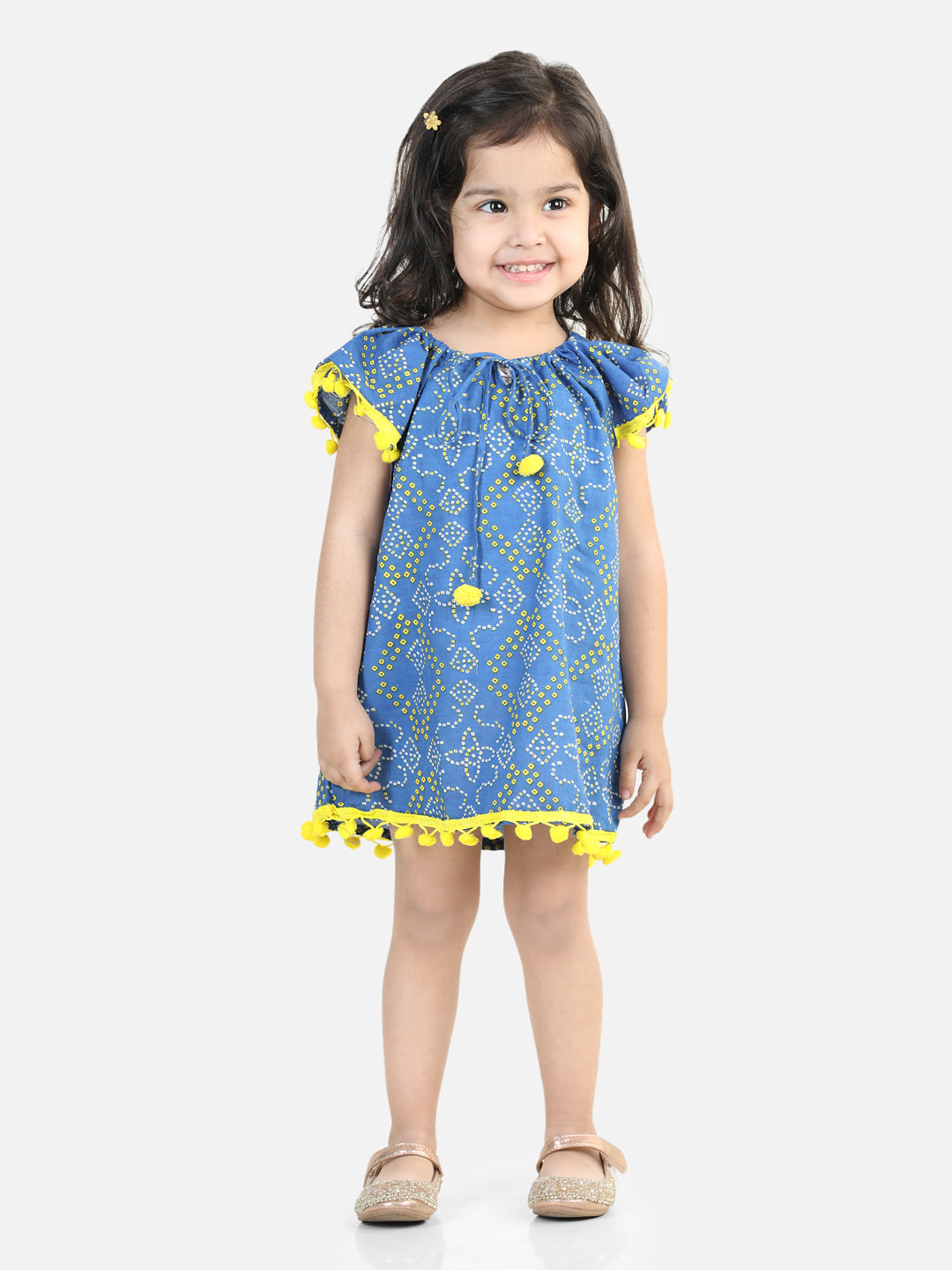 BownBee 100% Cotton Printed with Pompom Jhabla Frock for Girls - Blue