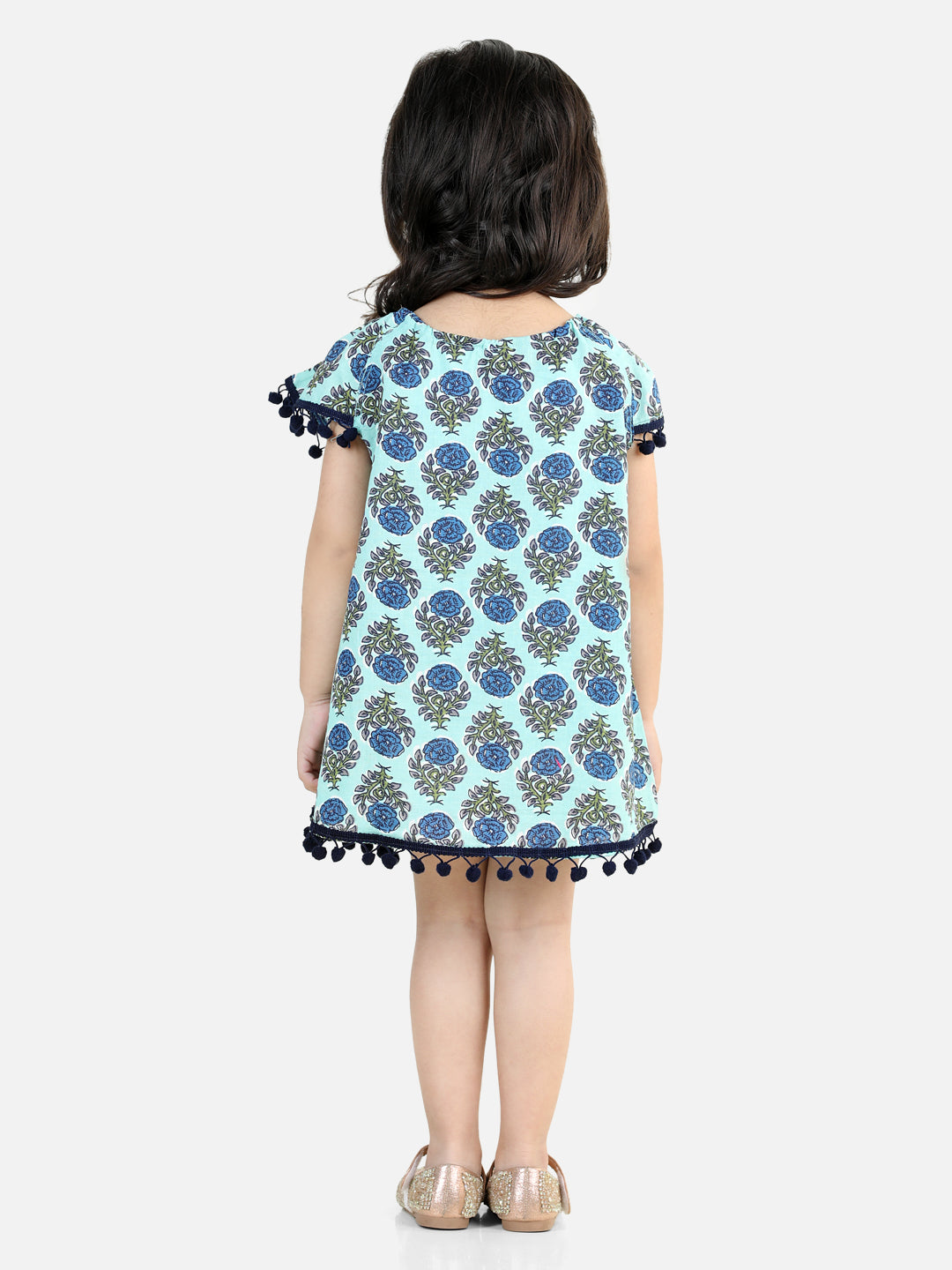 BownBee 100% Cotton Printed with Pompom Jhabla Frock for Girls - Light Blue