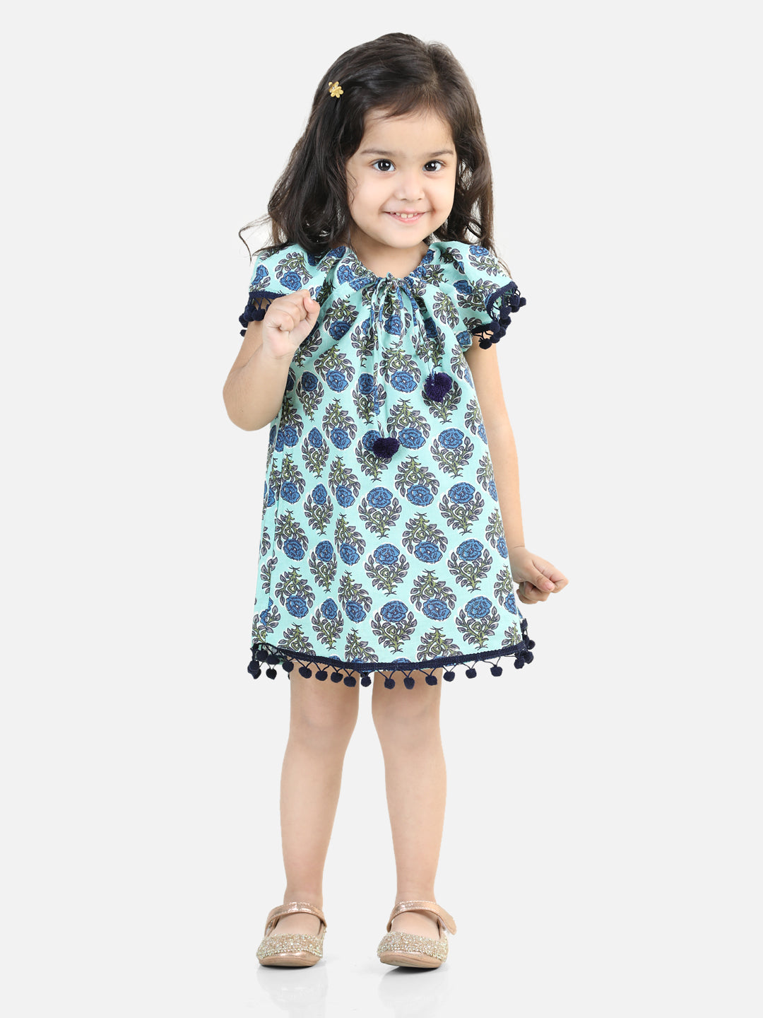BownBee 100% Cotton Printed with Pompom Jhabla Frock for Girls - Light Blue