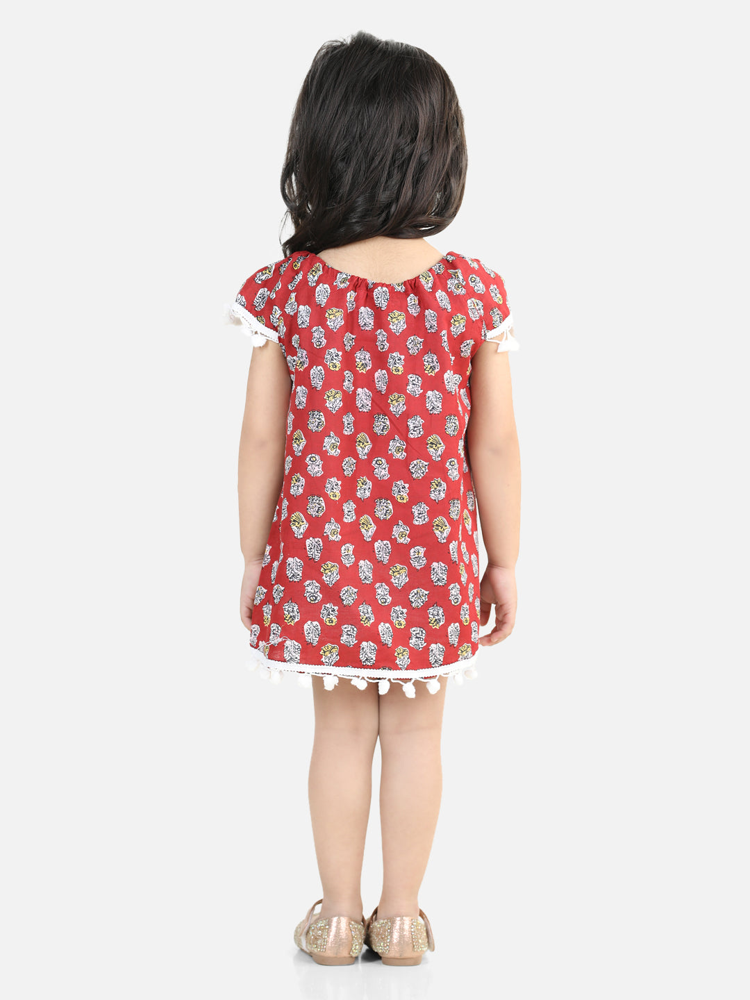 BownBee 100% Cotton Printed with Pompom Jhabla Frock for Girls- Maroon