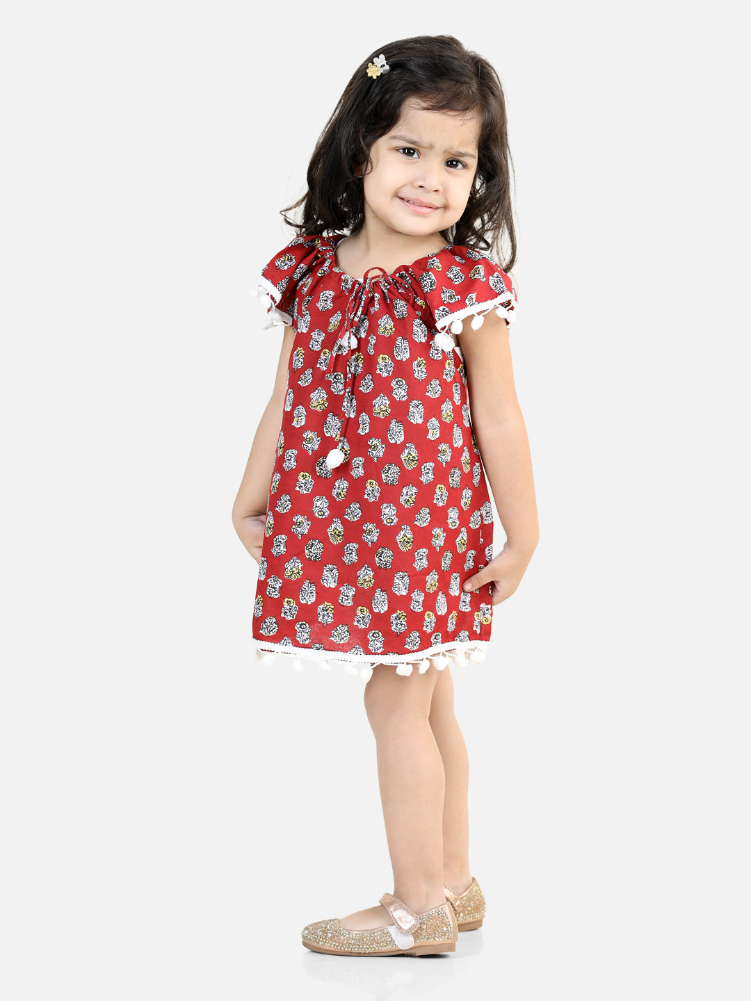 BownBee 100% Cotton Printed with Pompom Jhabla Frock for Girls - Maroon