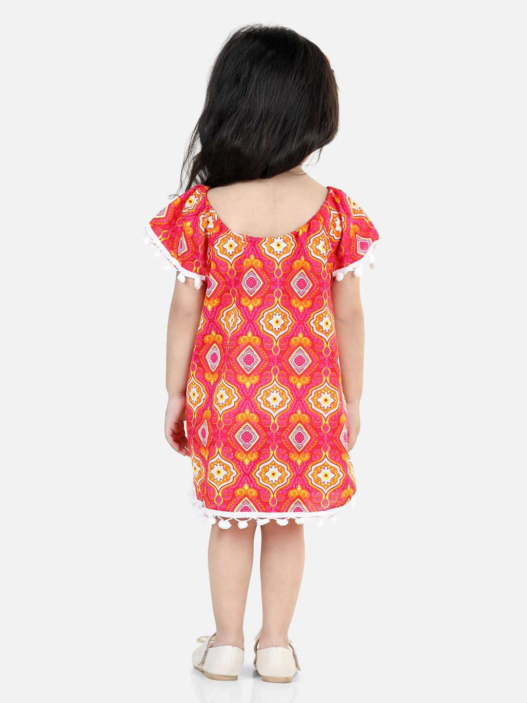 BownBee 100% Cotton Printed with Pompom Jhabla Frock for Girls- Pink