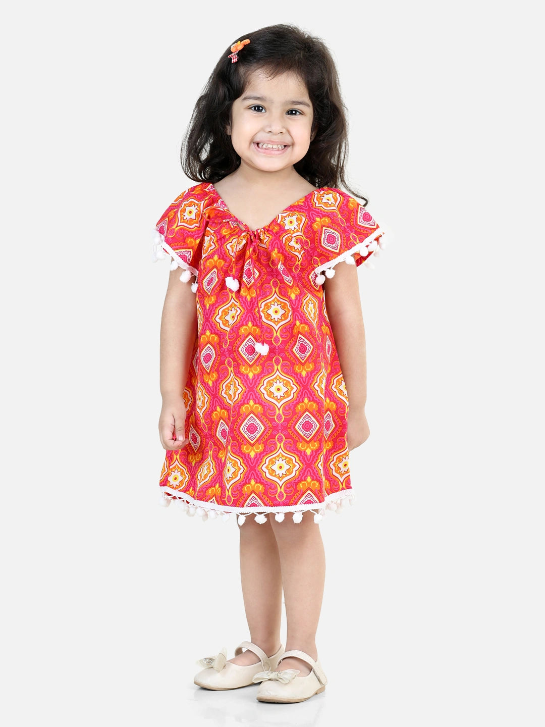 BownBee 100% Cotton Printed with Pompom Jhabla Frock for Girls